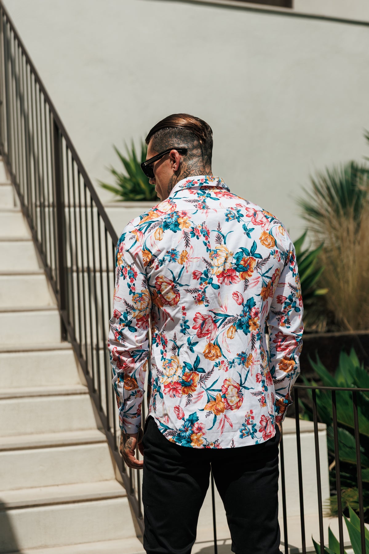 Super Slim Stretch White Vibrant Floral Print Long Sleeve with Button Down Collar - FS1276