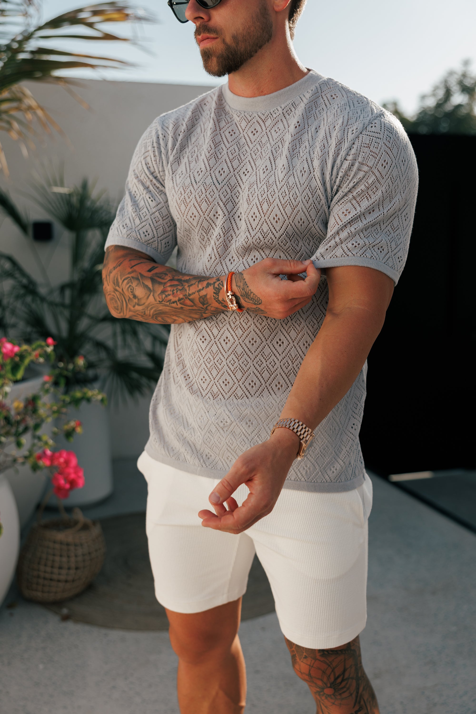 Crochet Crew T-Shirt Cop Grey Short Sleeve - FSJ093