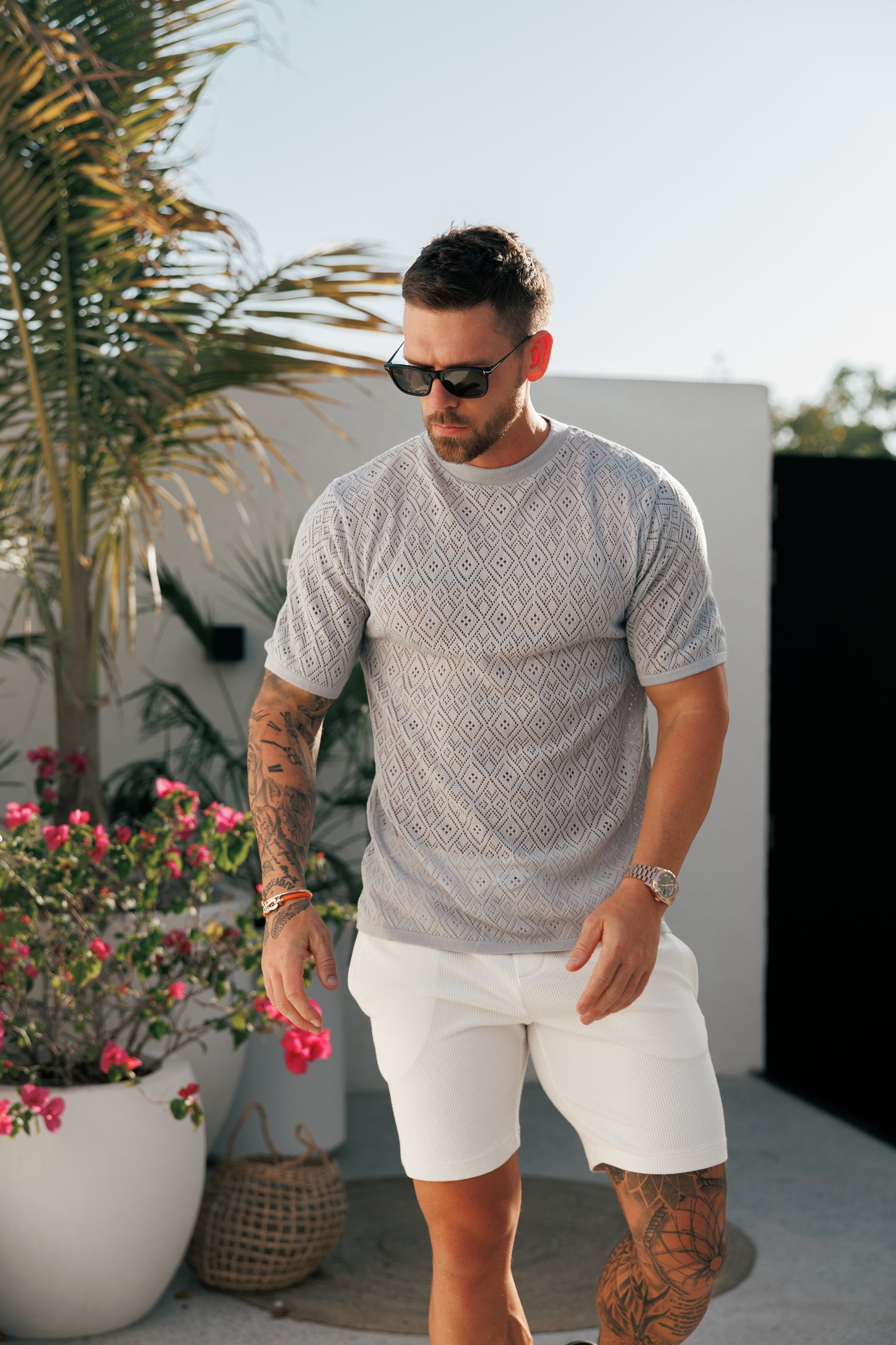 Crochet Crew T-Shirt Cop Grey Short Sleeve - FSJ093