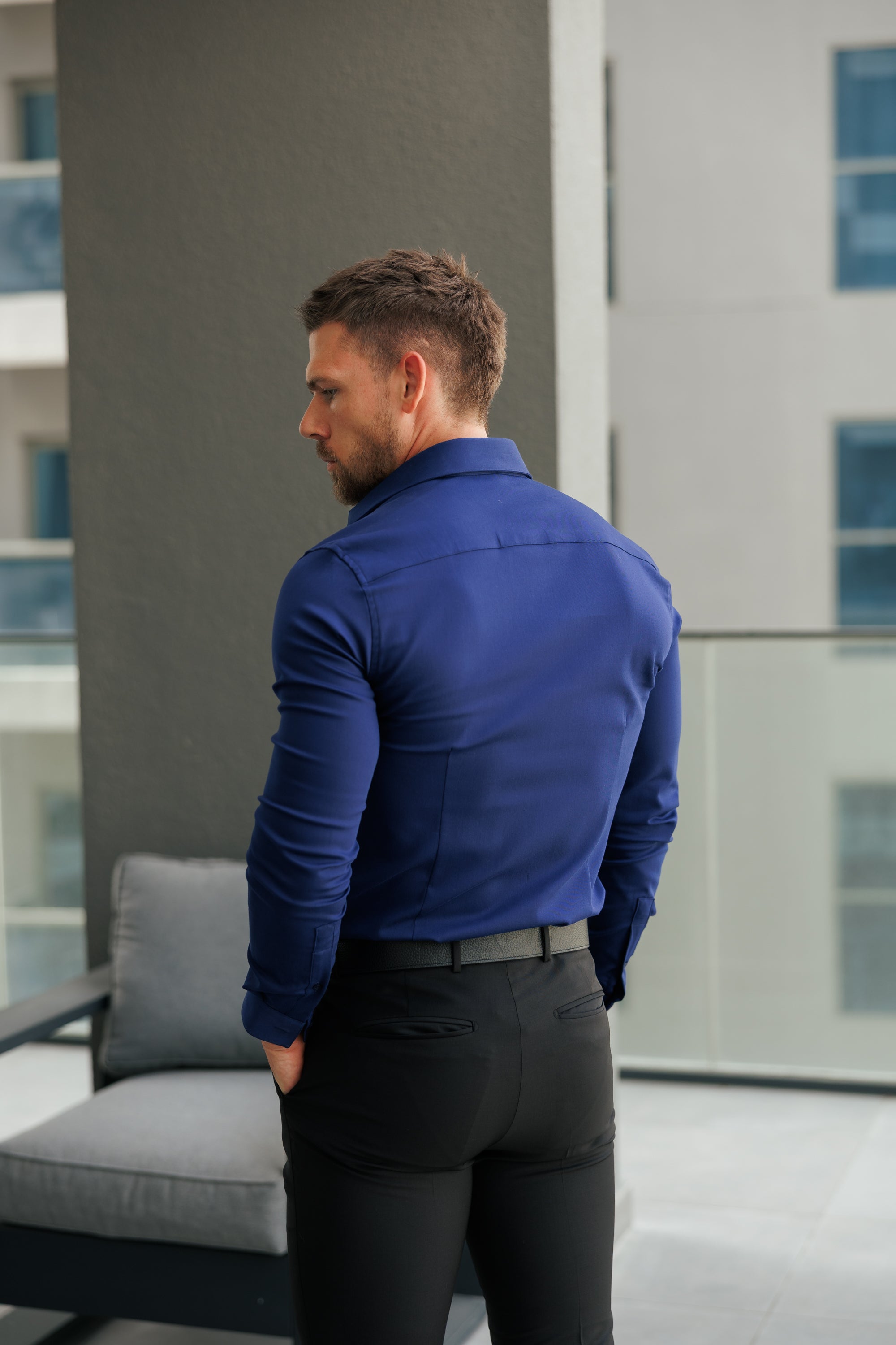 Super Slim Stretch Navy Denim Long Sleeve with Cutaway Collar - FS1149