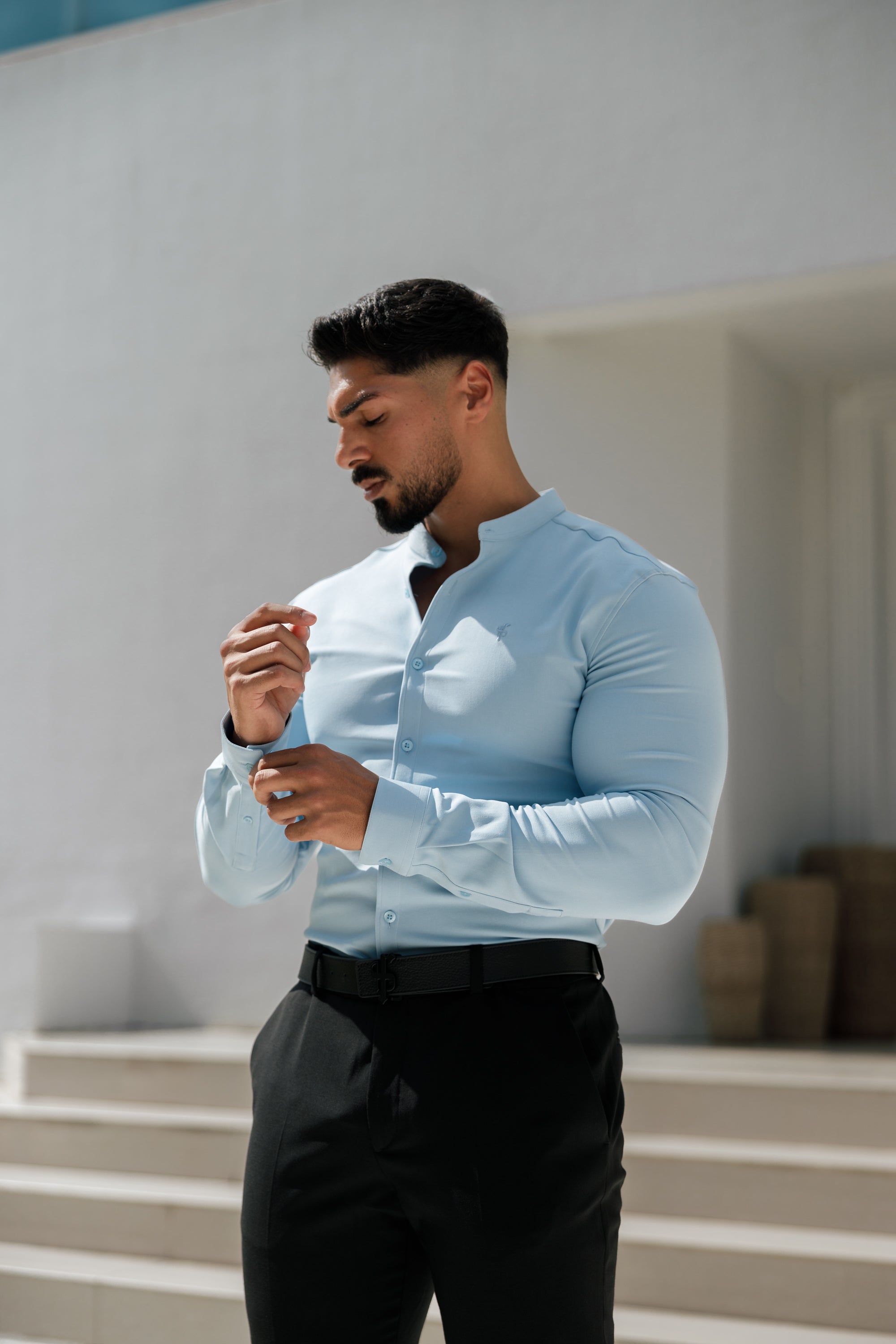 Super Slim Scuba Light Blue Long Sleeve Stretch With Grandad Collar - FS1002