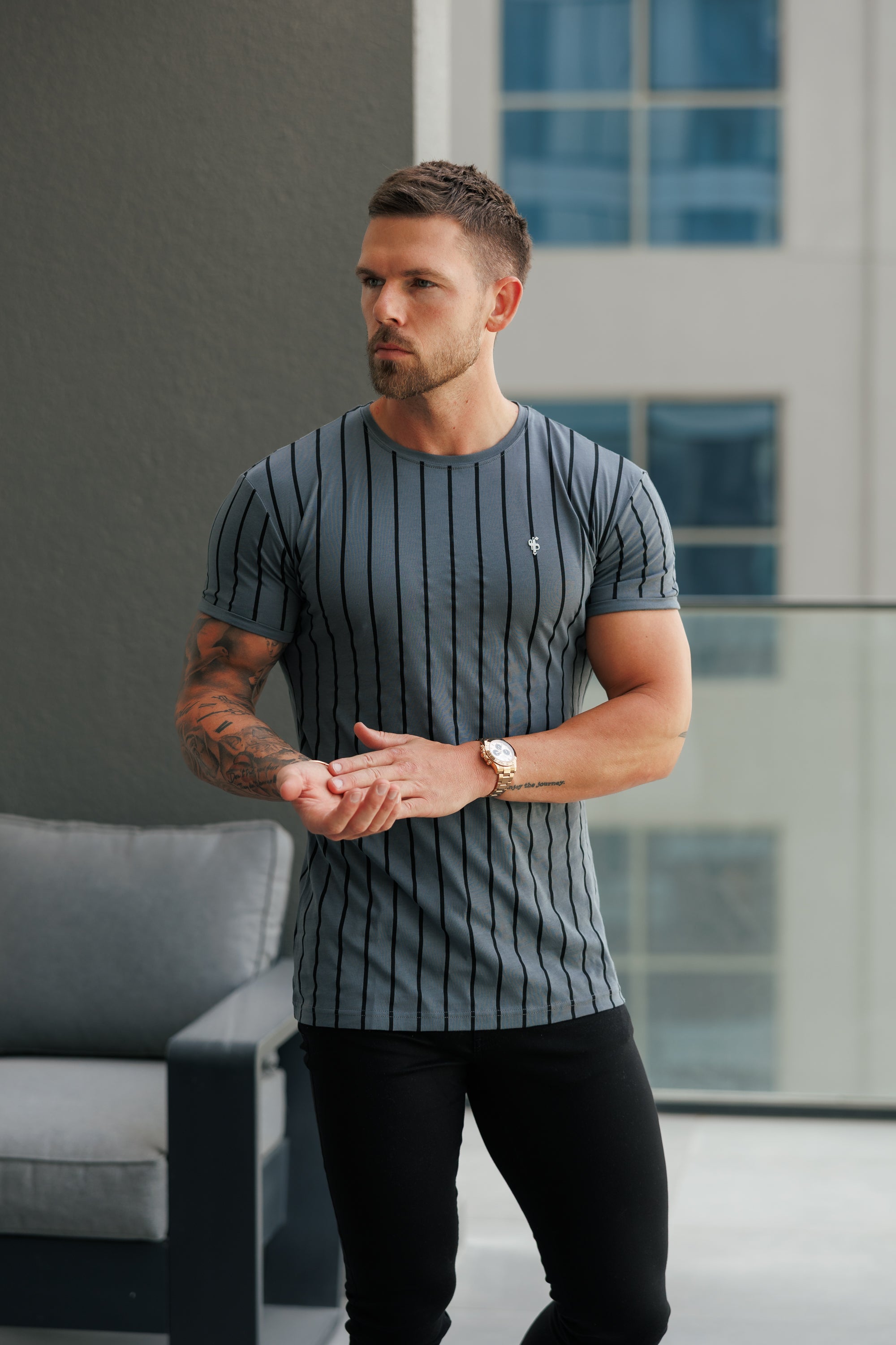 Printed Charcoal / Black Stripe Fitted T Shirt - FSH1375