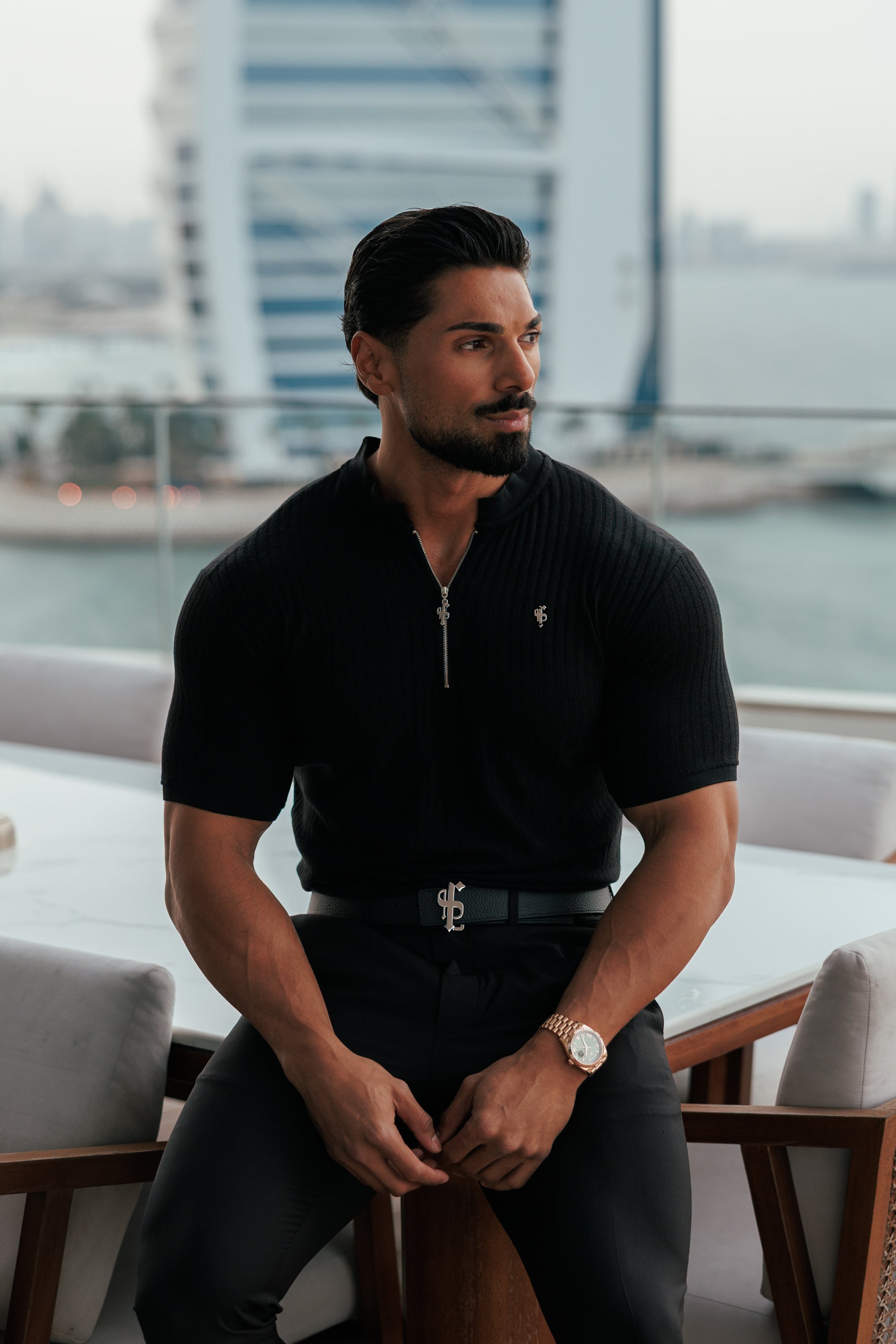 Super Slim Black / Silver Ribbed Zip Grandad Collar Shirt Short Sleeve - FSH1445