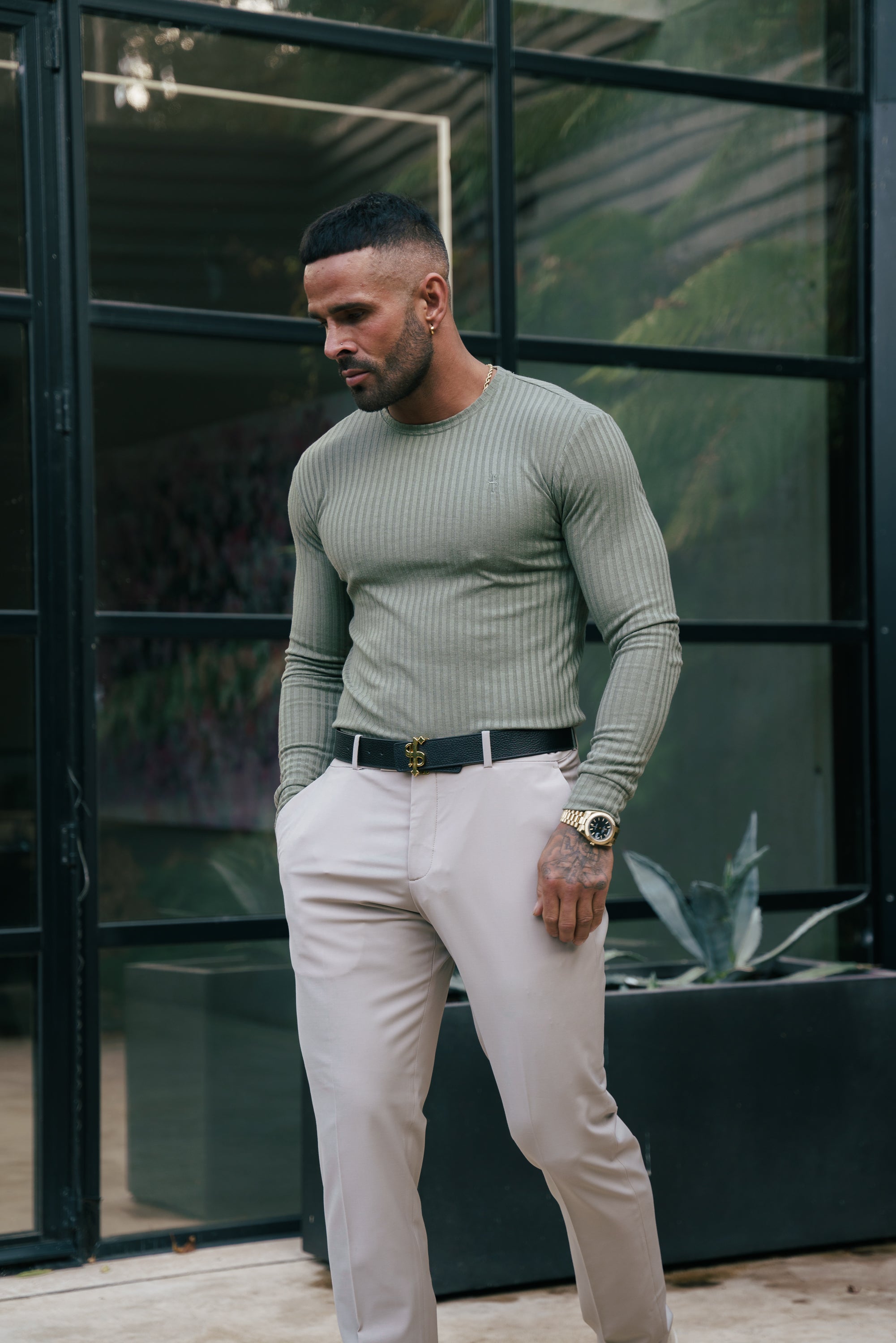 Classic Olive Ribbed Knit Jumper With Tonal Embroidery - FSH1285