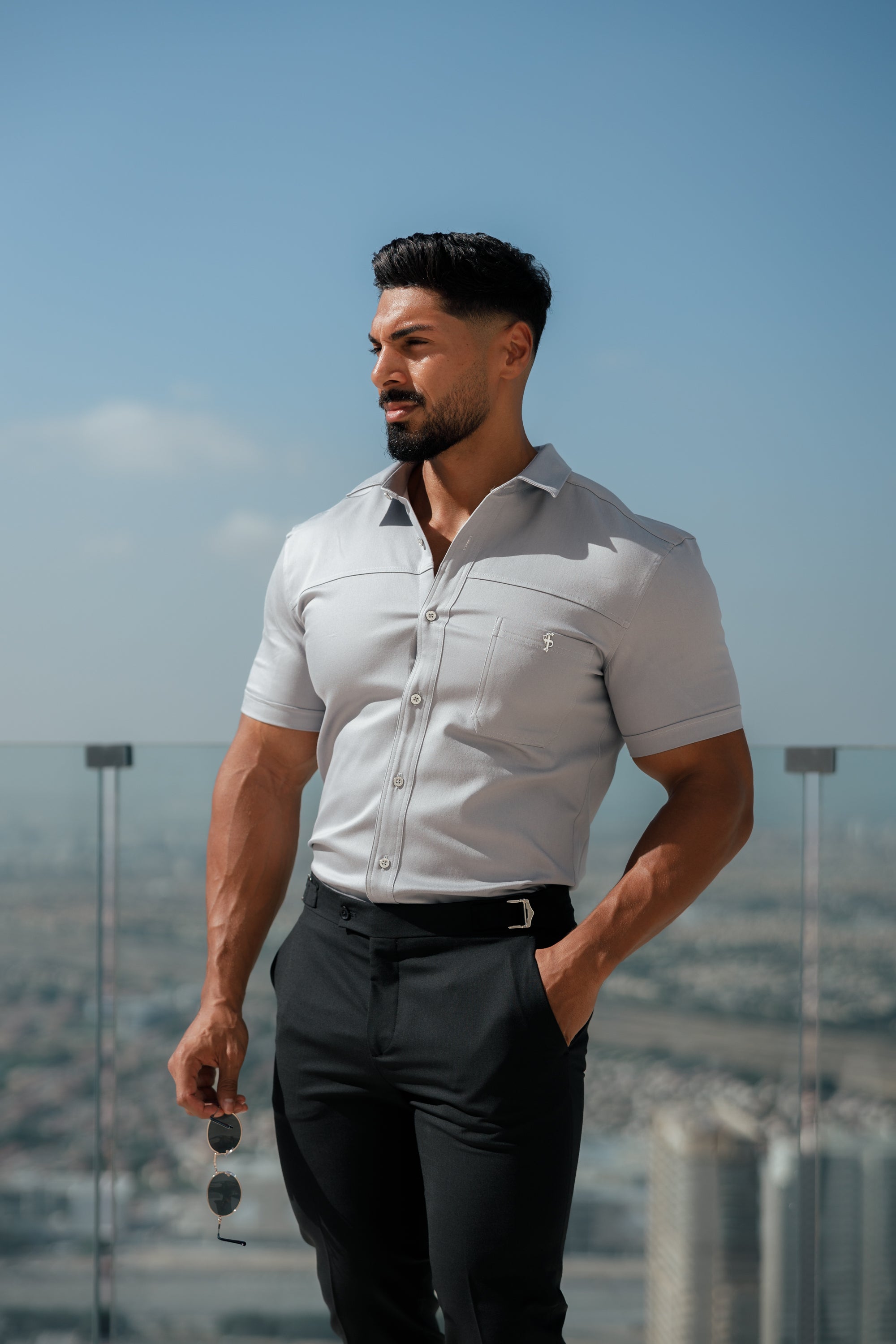 Super Slim Stretch Grey Denim Short Sleeve with Horizontal Seam and Pocket- FS960