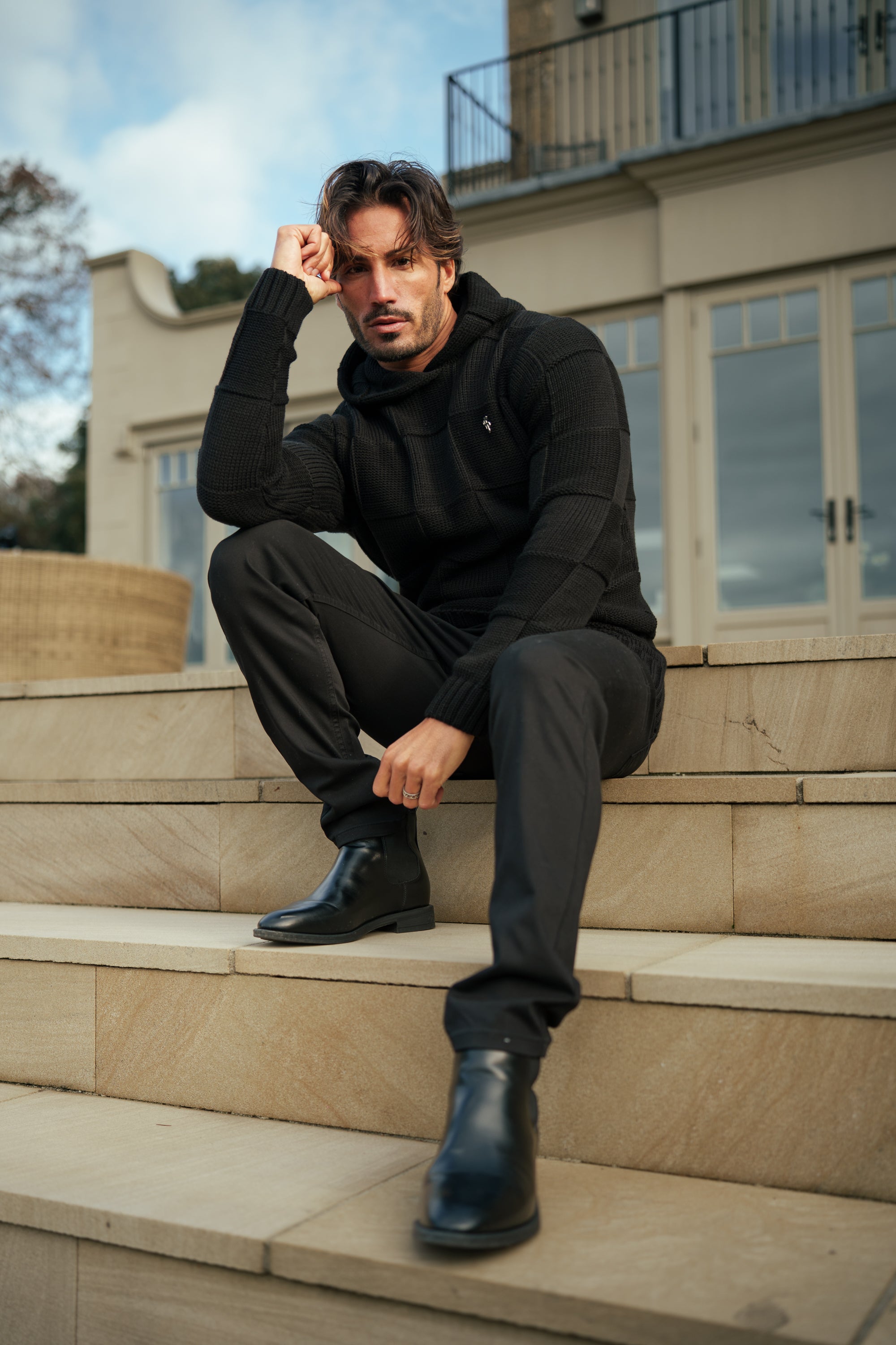 Black Checkerboard Knitted Hoodie - FSJ135