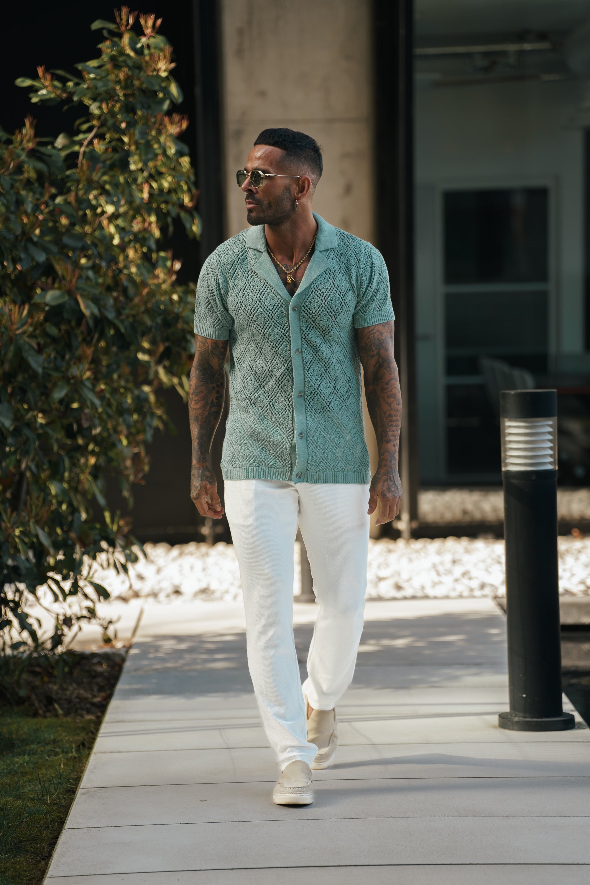 Crochet Shirt Light Green Short Sleeve - FSJ083