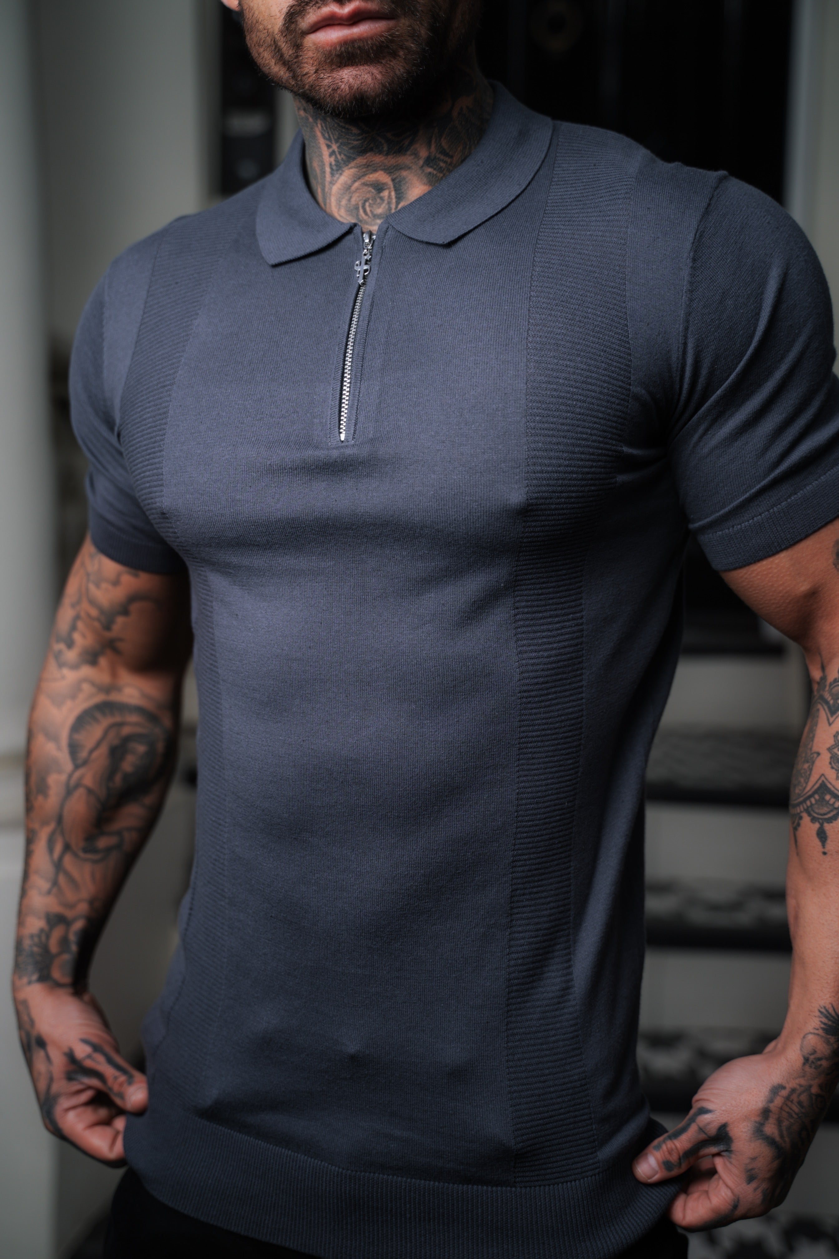 Classic Gunmetal and Silver Zip Knitted Polo Shirt Short Sleeve - FSN133
