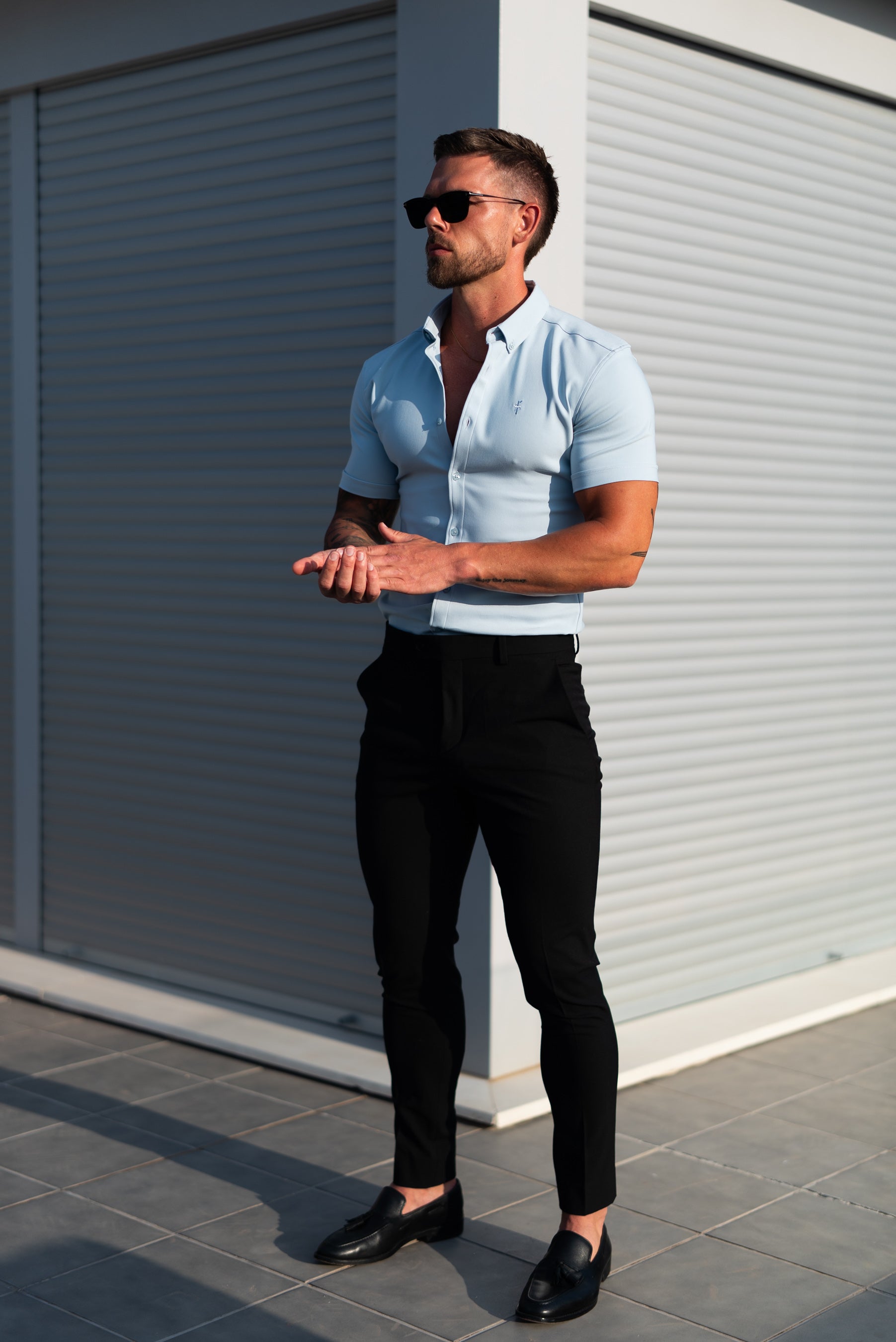 Super Slim SS Powder Blue Scuba with Button Down Collar - FS1121