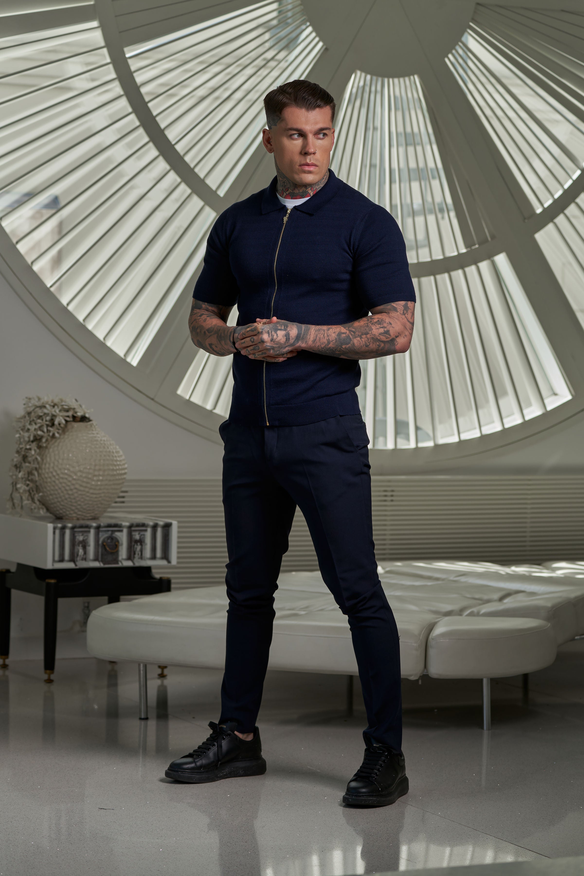 Classic Knitted Textured Design With Full Length Zip Navy Short Sleeve - FSN153