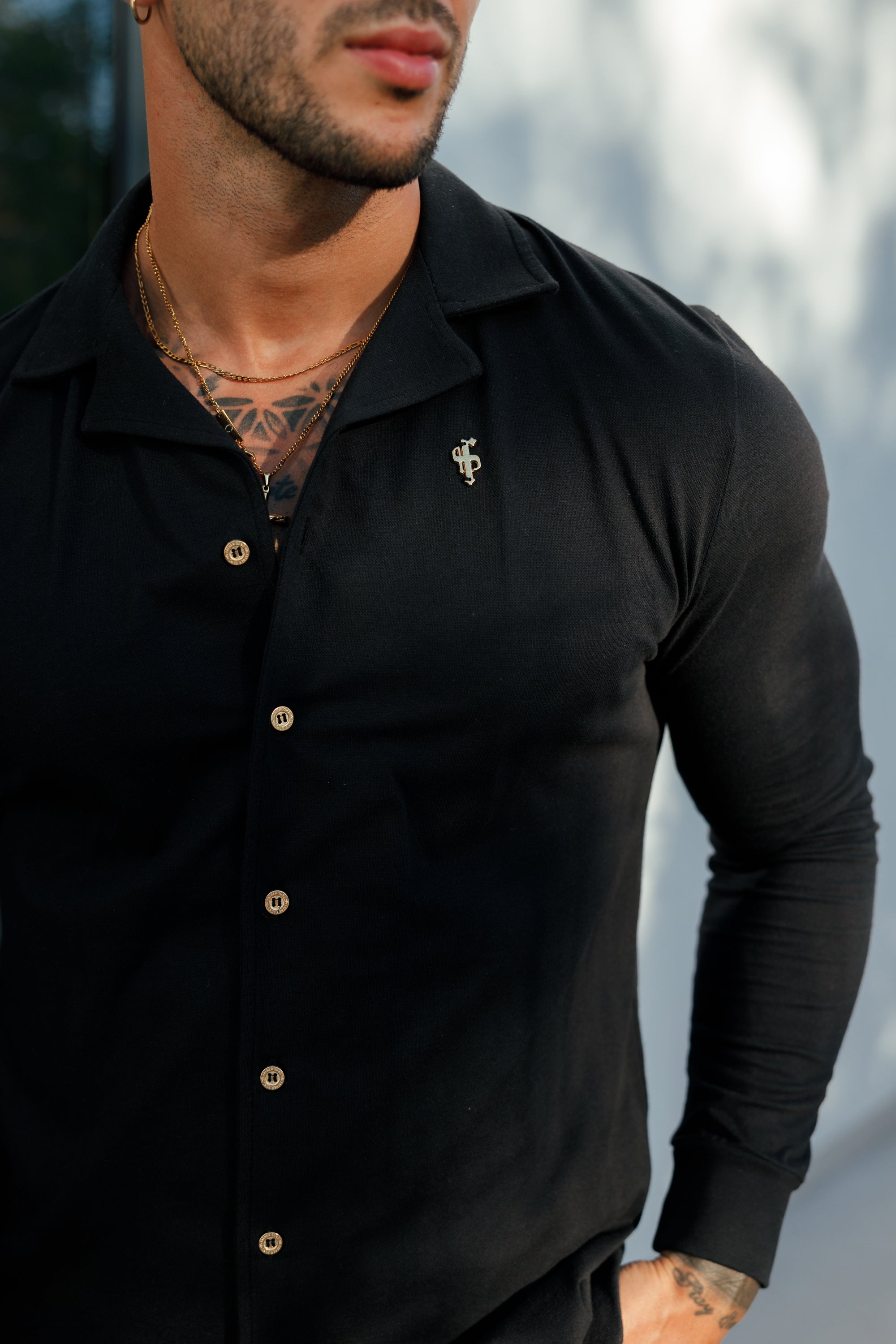 Stretch Black Pique Revere Shirt Long Sleeve - FSH1207