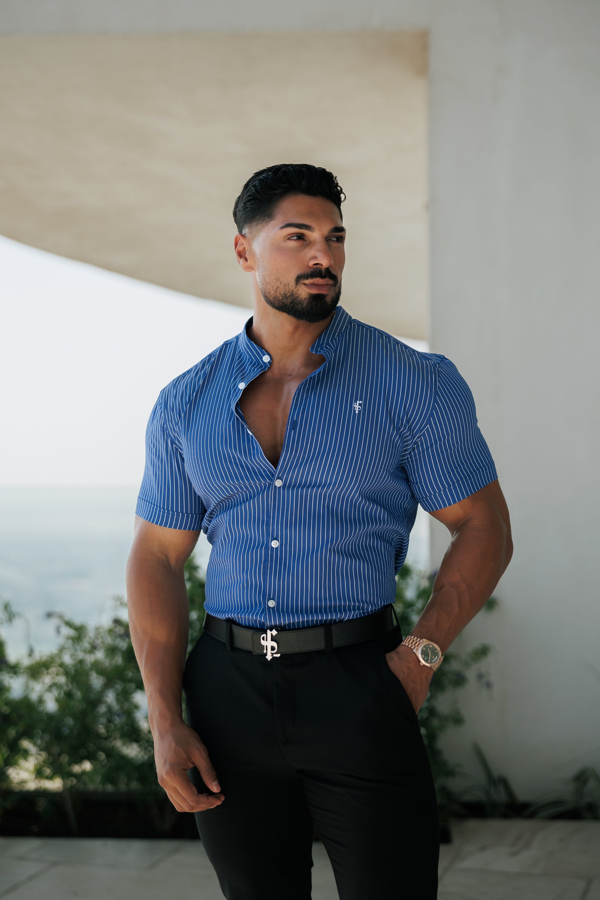 Super Slim Stretch Ocean Blue Printed Pinstripe Short Sleeve with Grandad Collar - FS1064