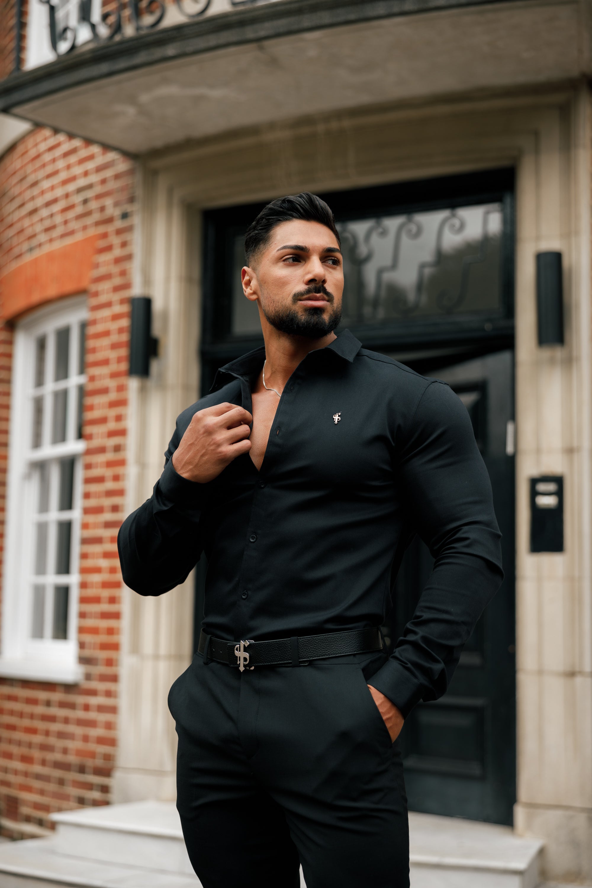 Super Slim Stretch Black Denim Long Sleeve with Metal Decal Emblem - FS642