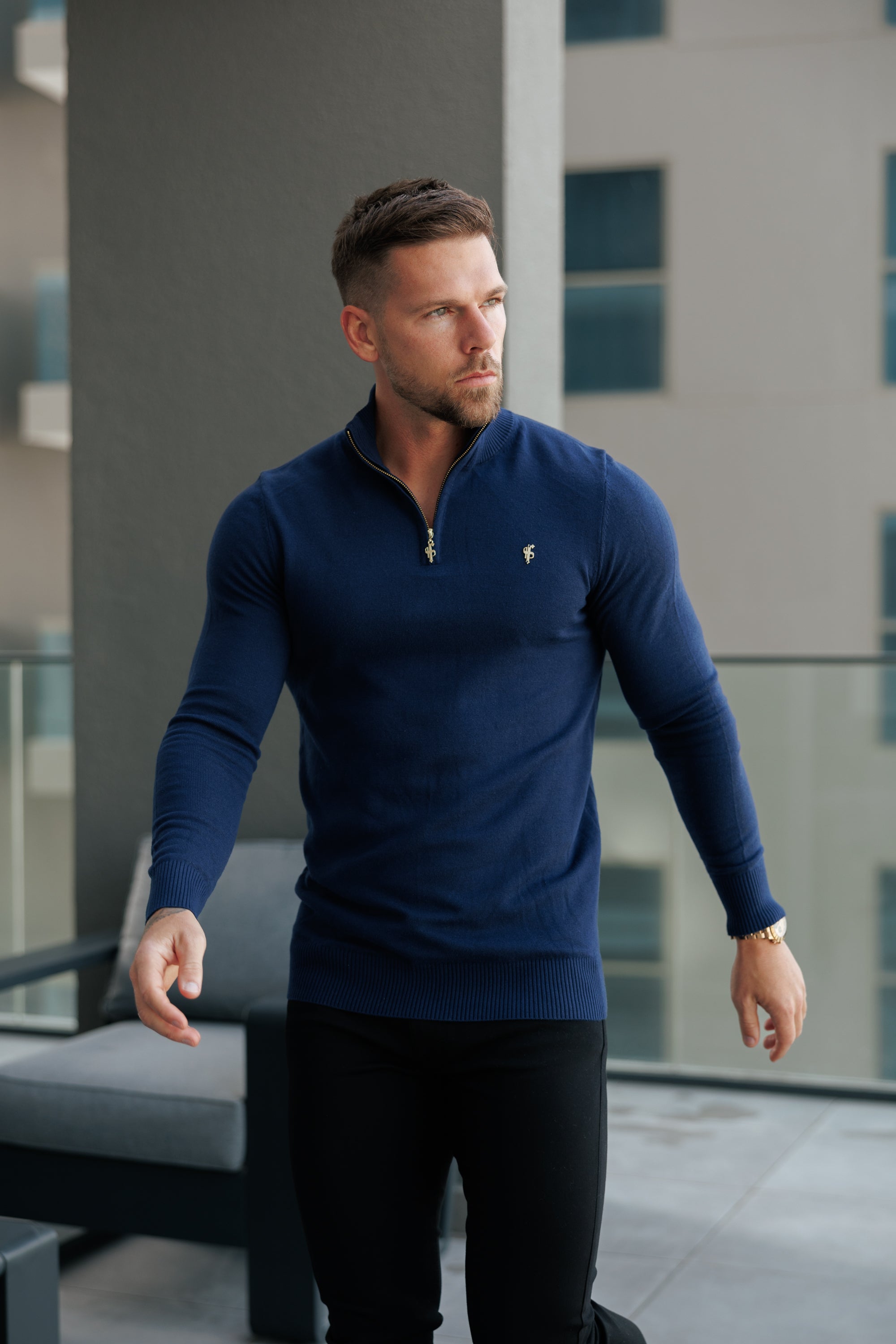 Navy Funnel Neck Knitted Jumper With FS Branding - FSN191