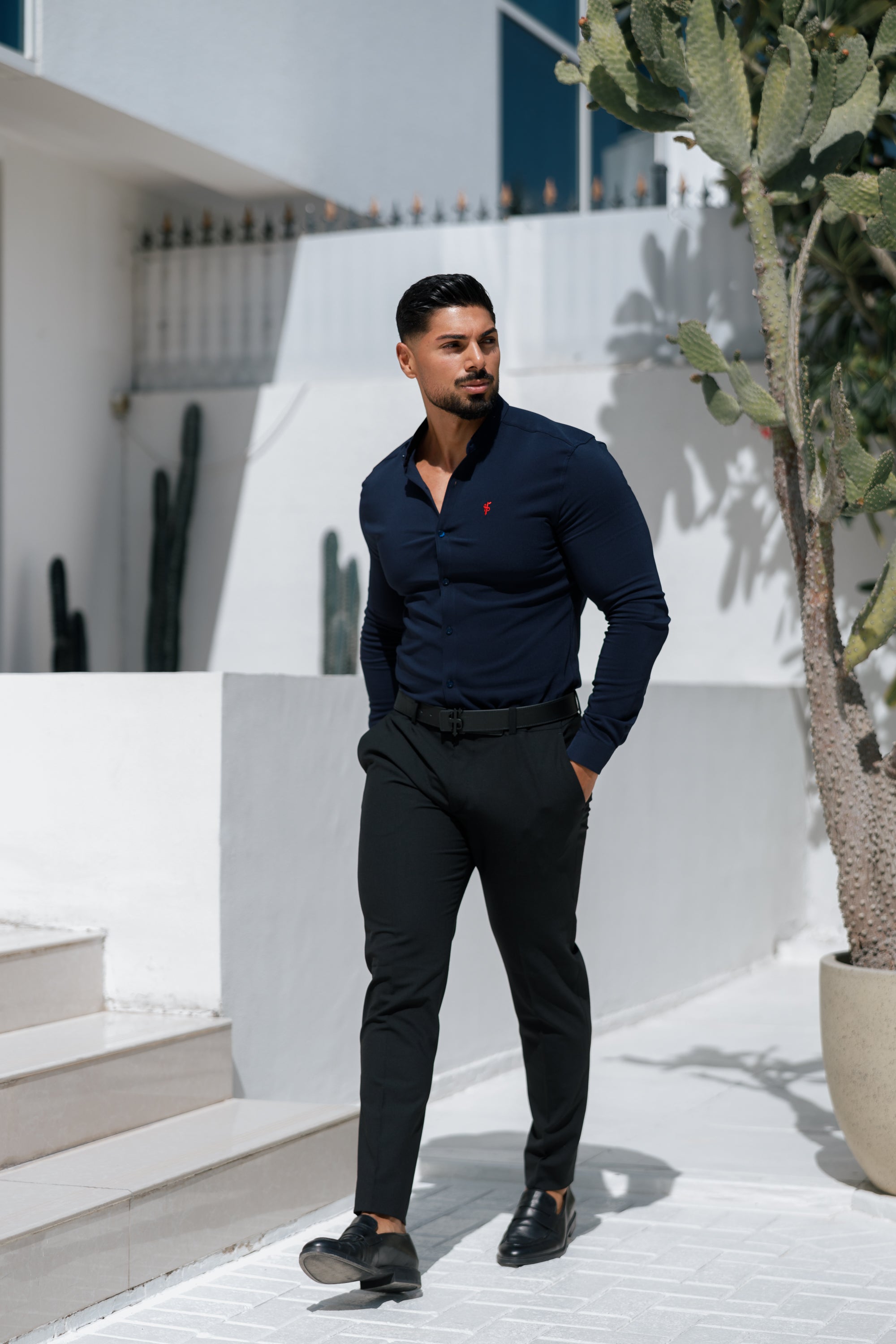 Super Slim Scuba Navy / Red Long Sleeve Stretch with Grandad Collar - FS1000