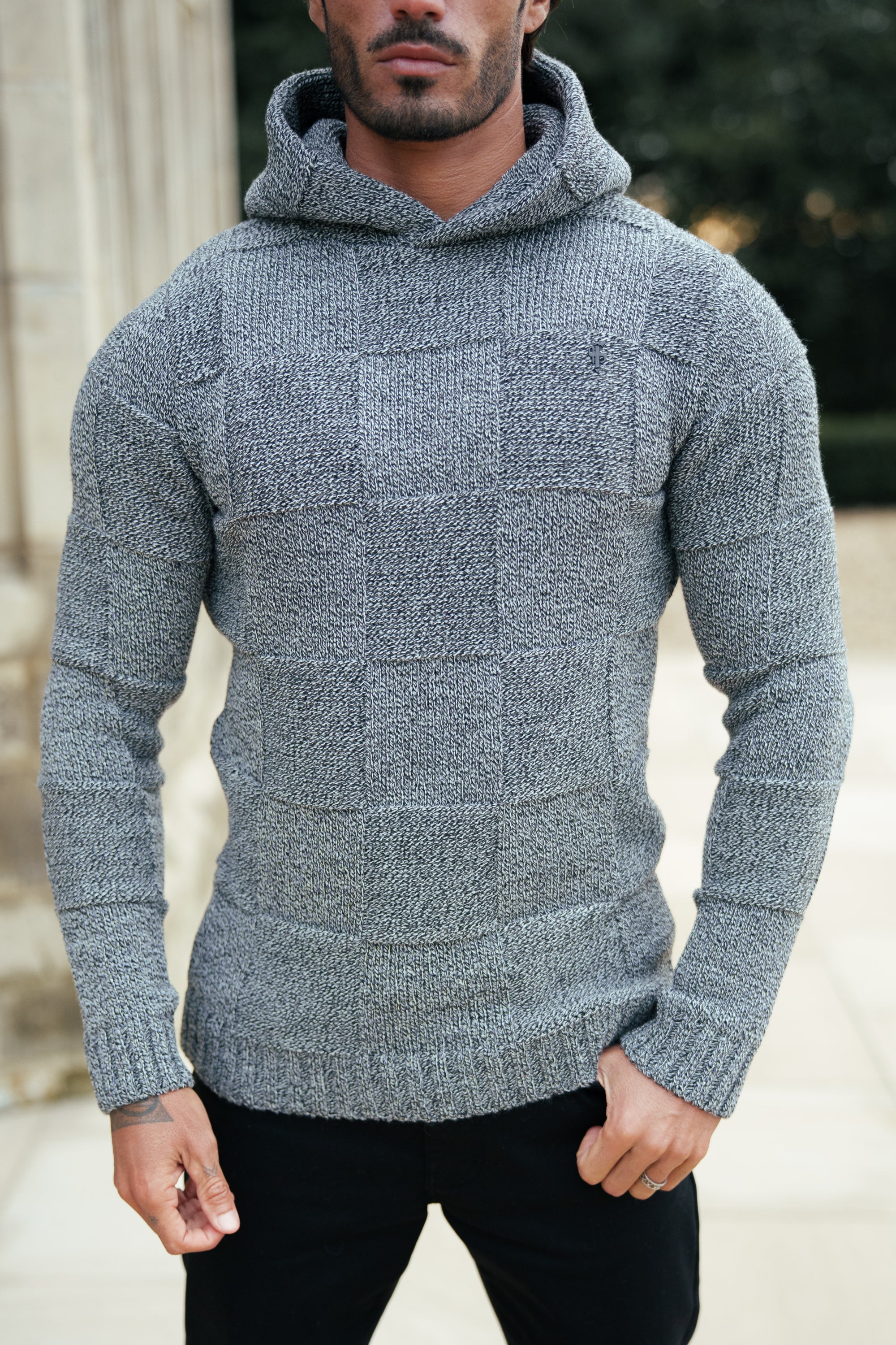 Black / White Two Tone Checkerboard Knitted Hoodie - FSJ134