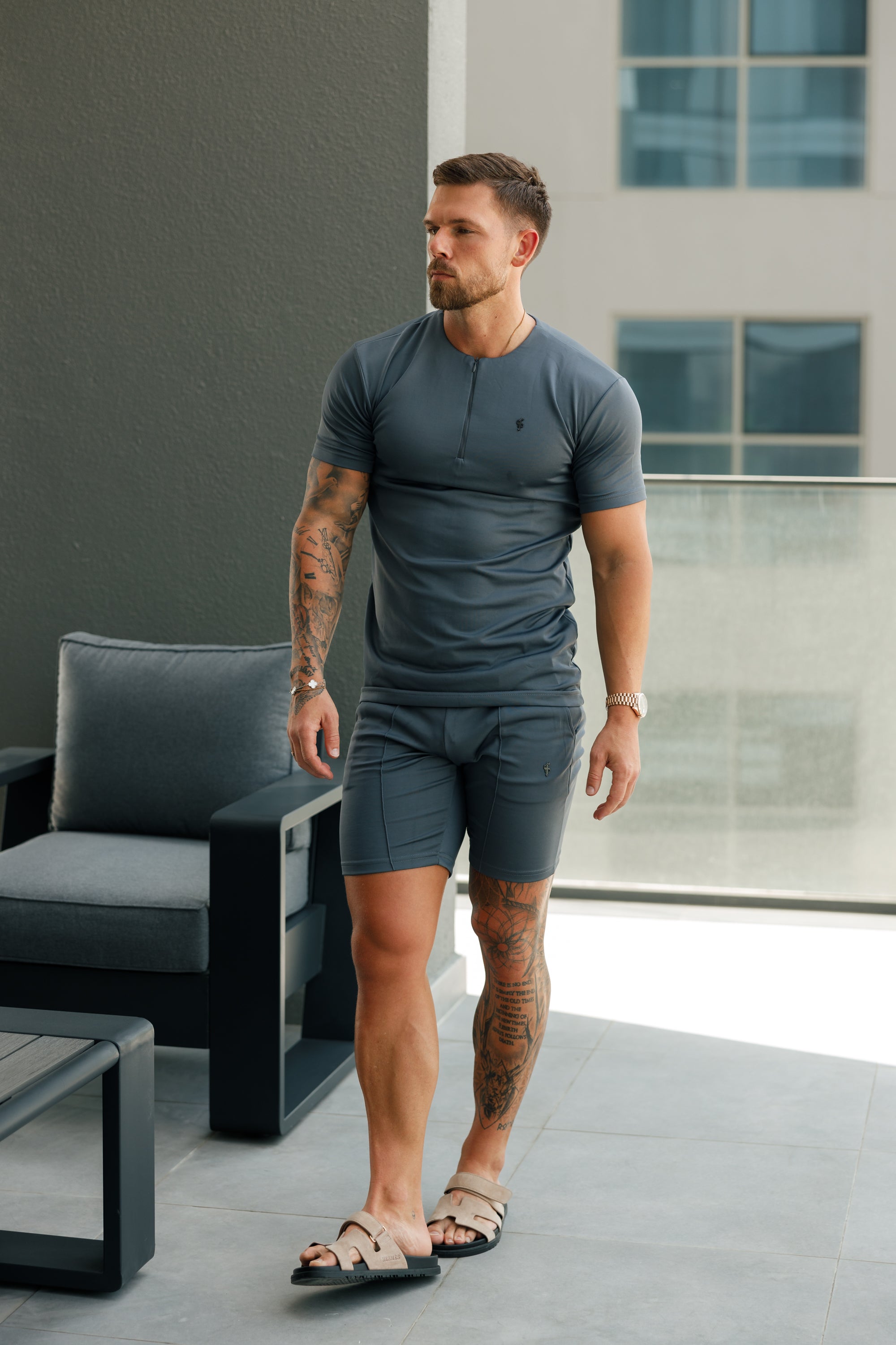 Scuba Charcoal Black Crew T Shirt With Zip Detail Short Sleeve - FSH1109