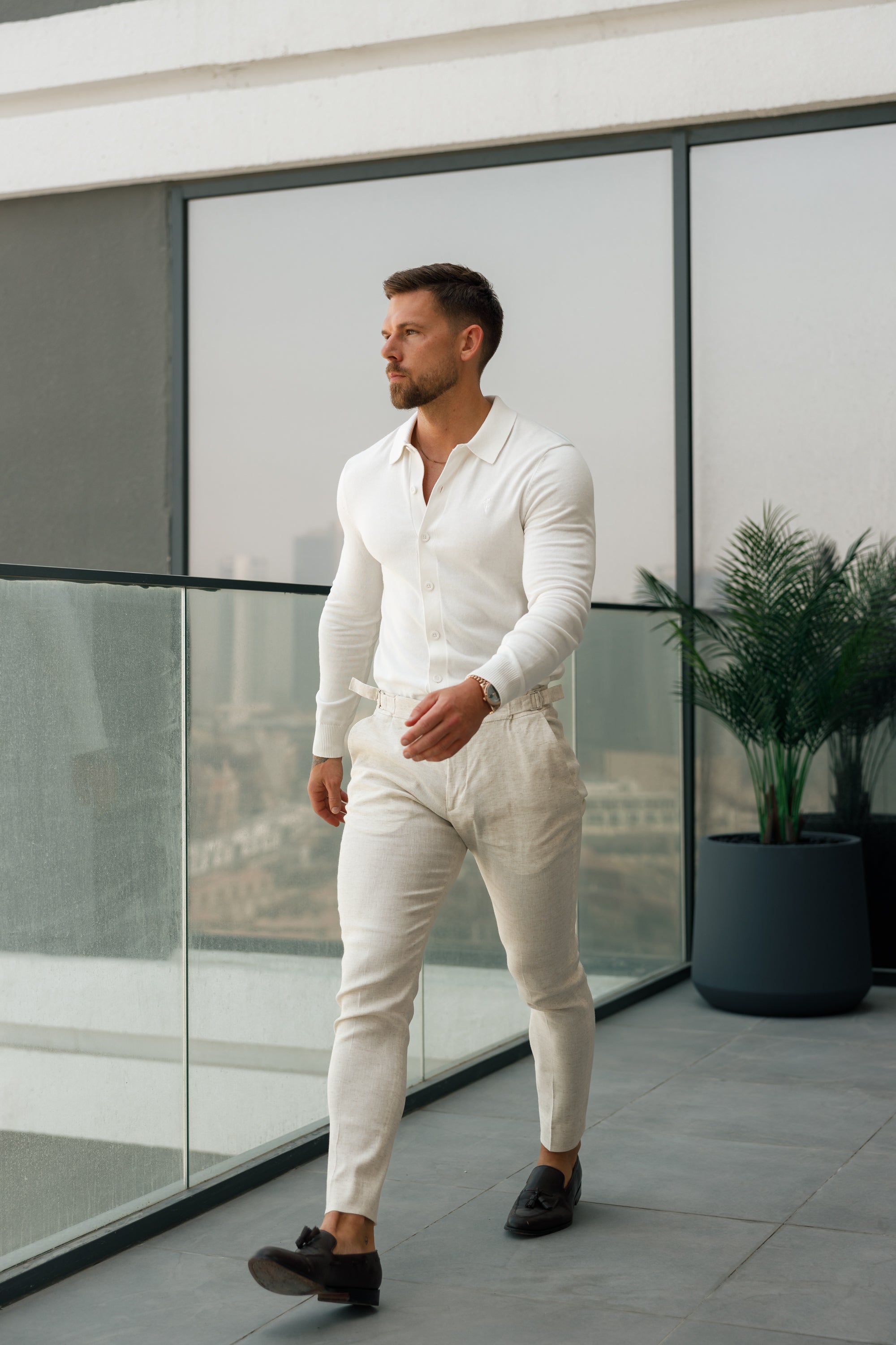 Classic Plain Off White Knitted Button Through Polo Long Sleeve - FSN172