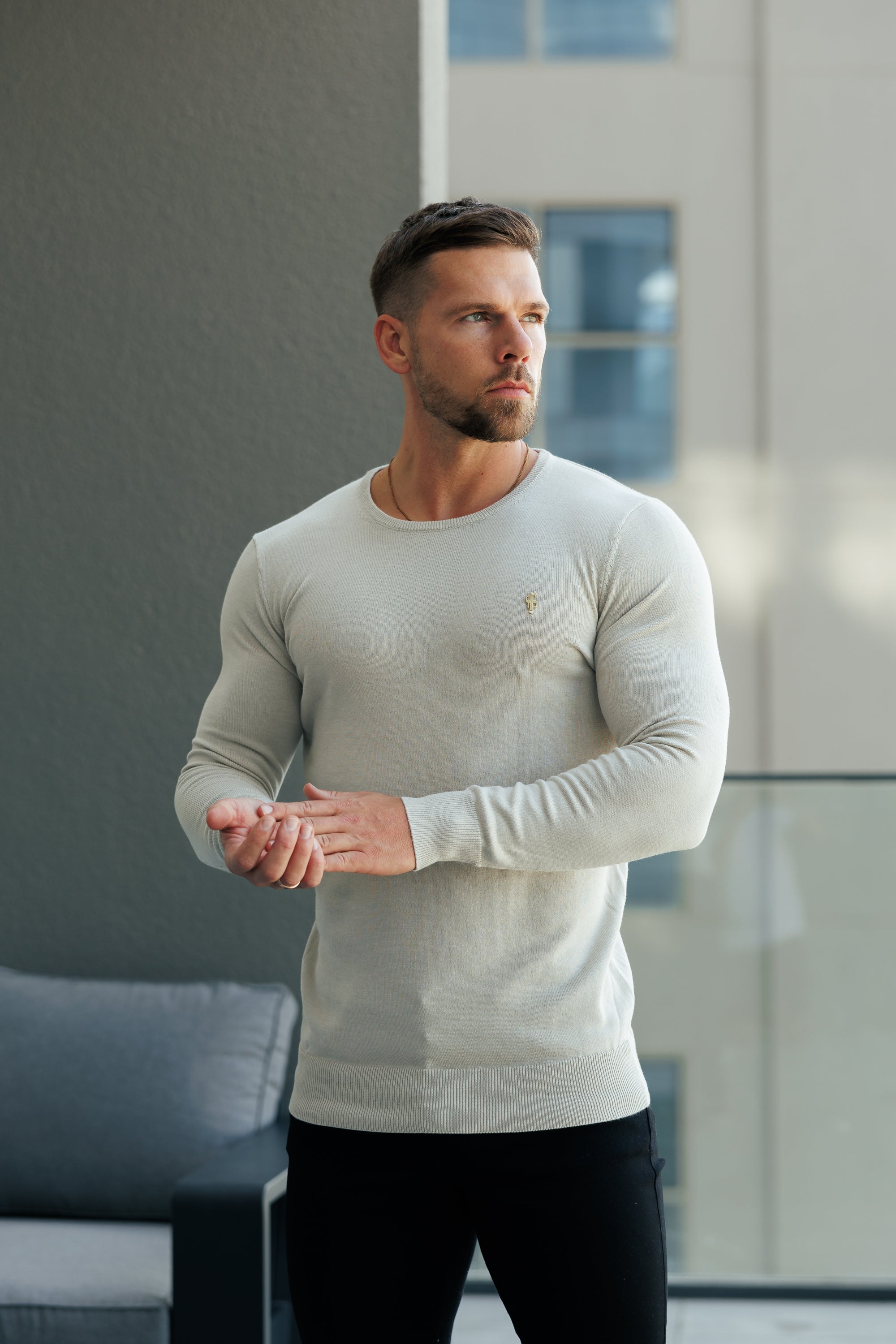 Beige Crew Neck Knitted Jumper With FS Branding - FSN195