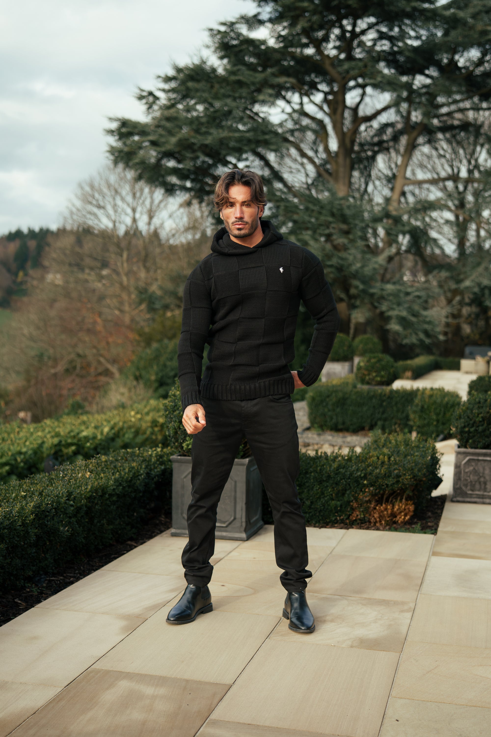 Black Checkerboard Knitted Hoodie - FSJ135