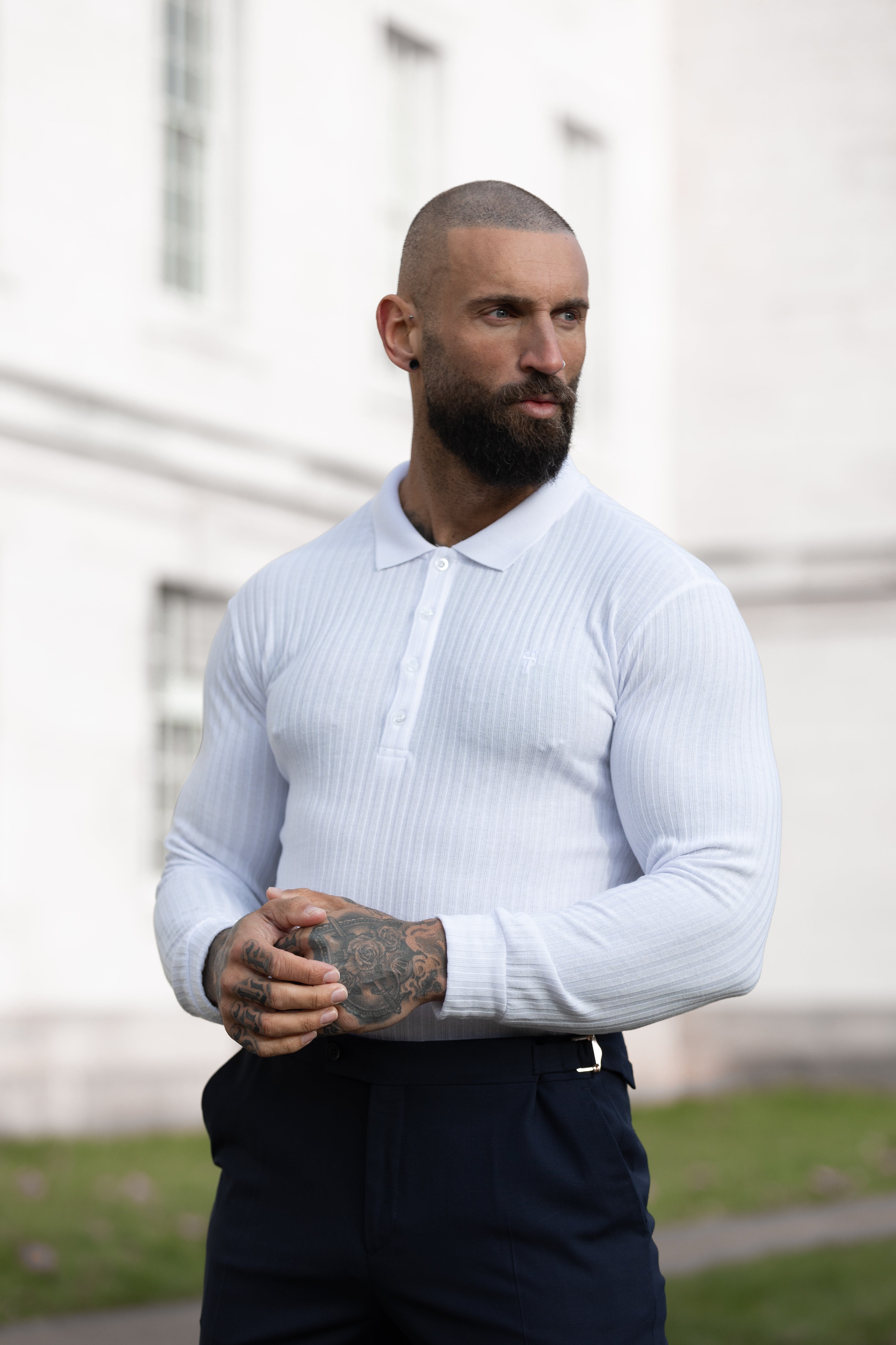 Classic White Ribbed Polo Shirt Long Sleeve - FSH974