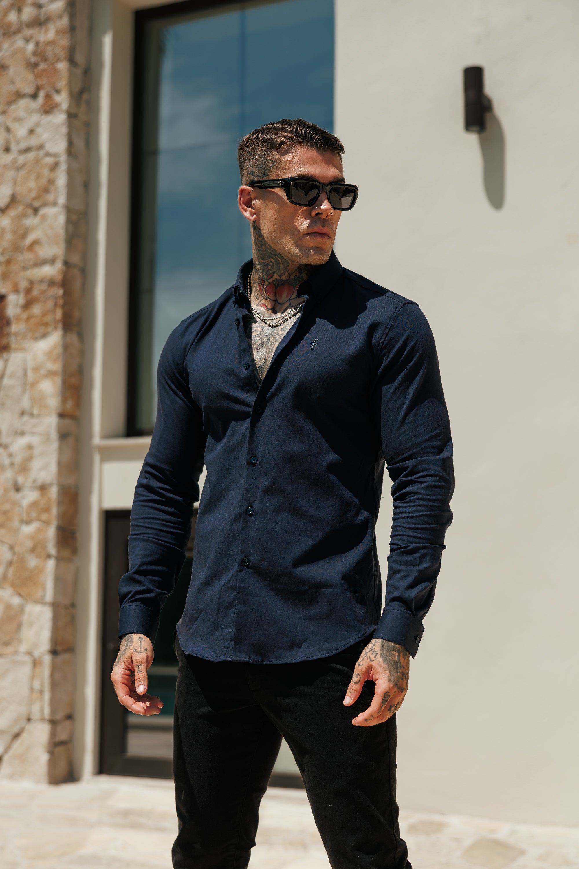Classic Stretch Oxford Long Sleeve Navy with Button Down Collar - FS1230