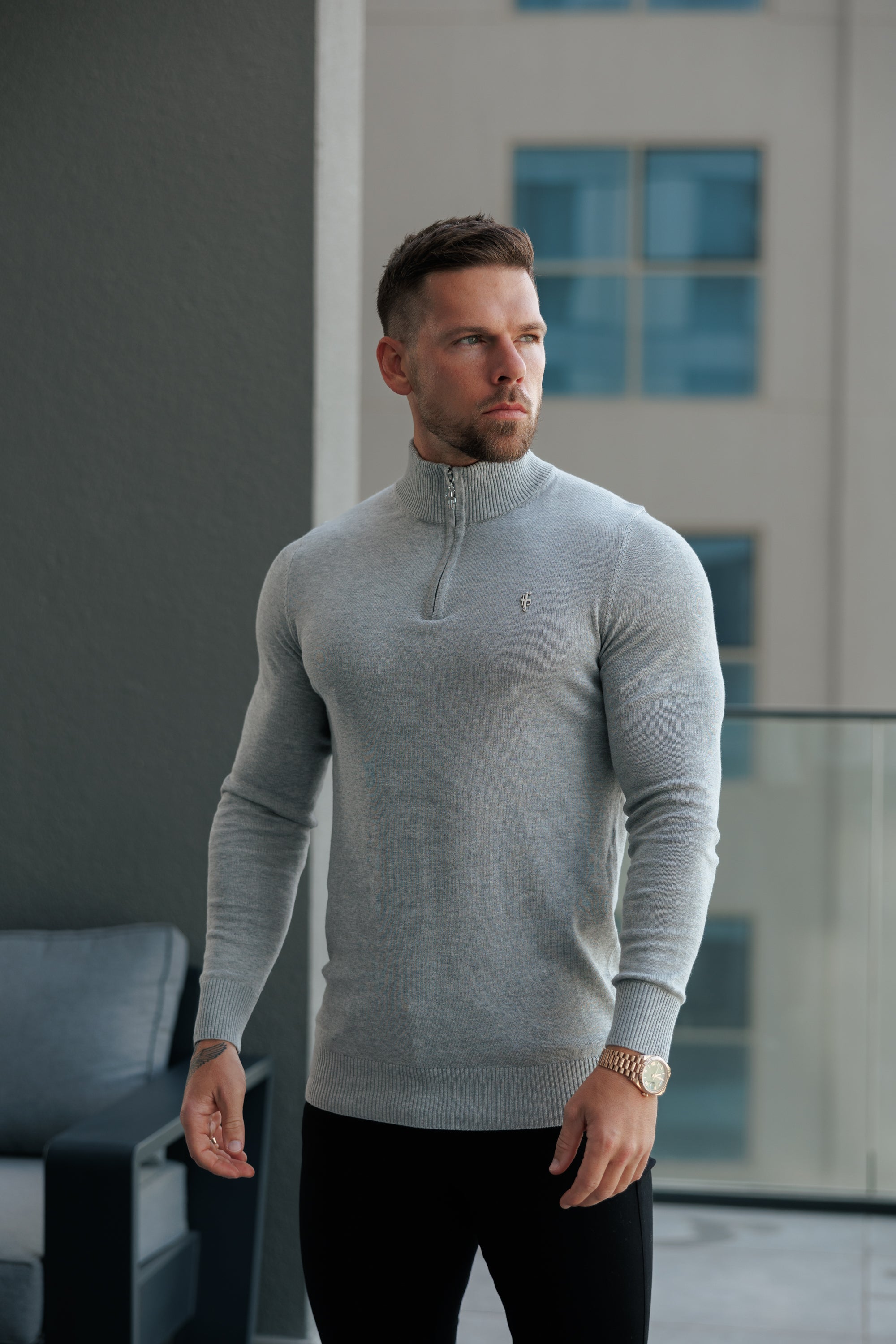 Light Grey Funnel Neck Knitted Jumper With FS Branding - FSN193