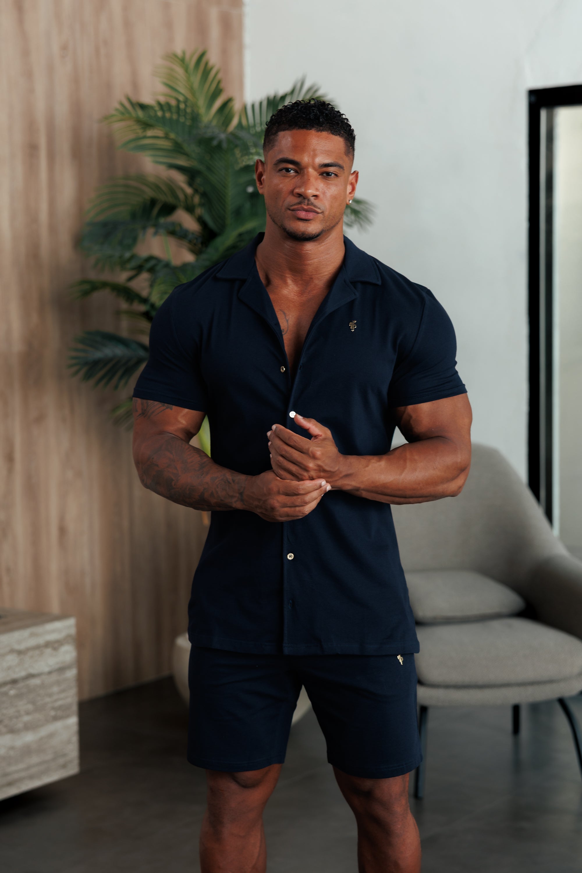 Stretch Navy Pique Revere Shirt Short Sleeve - FSH1386