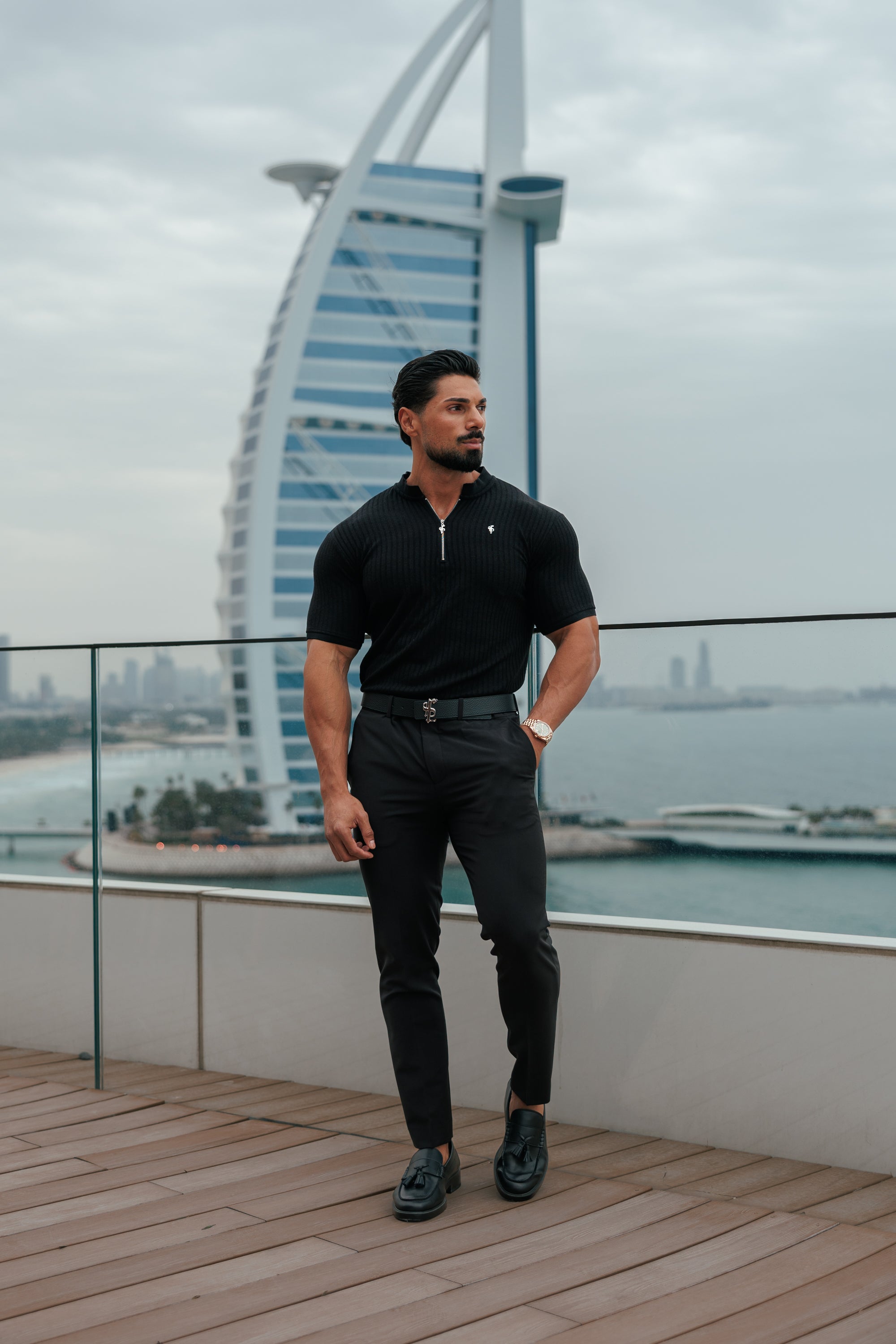 Super Slim Black / Silver Ribbed Zip Grandad Collar Shirt Short Sleeve - FSH1445