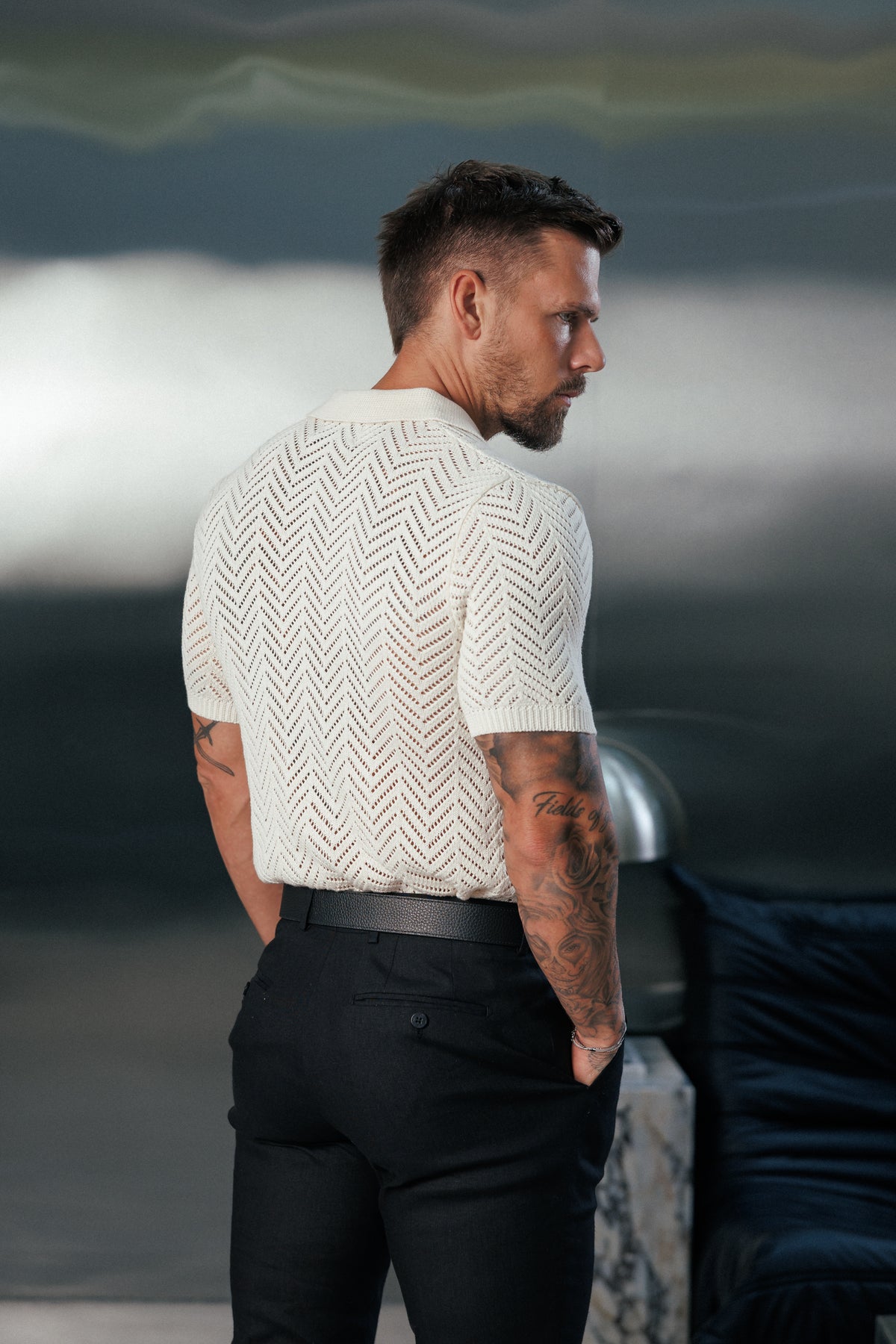 Cream Chevron Perforated Shirt Short Sleeve - FSA015