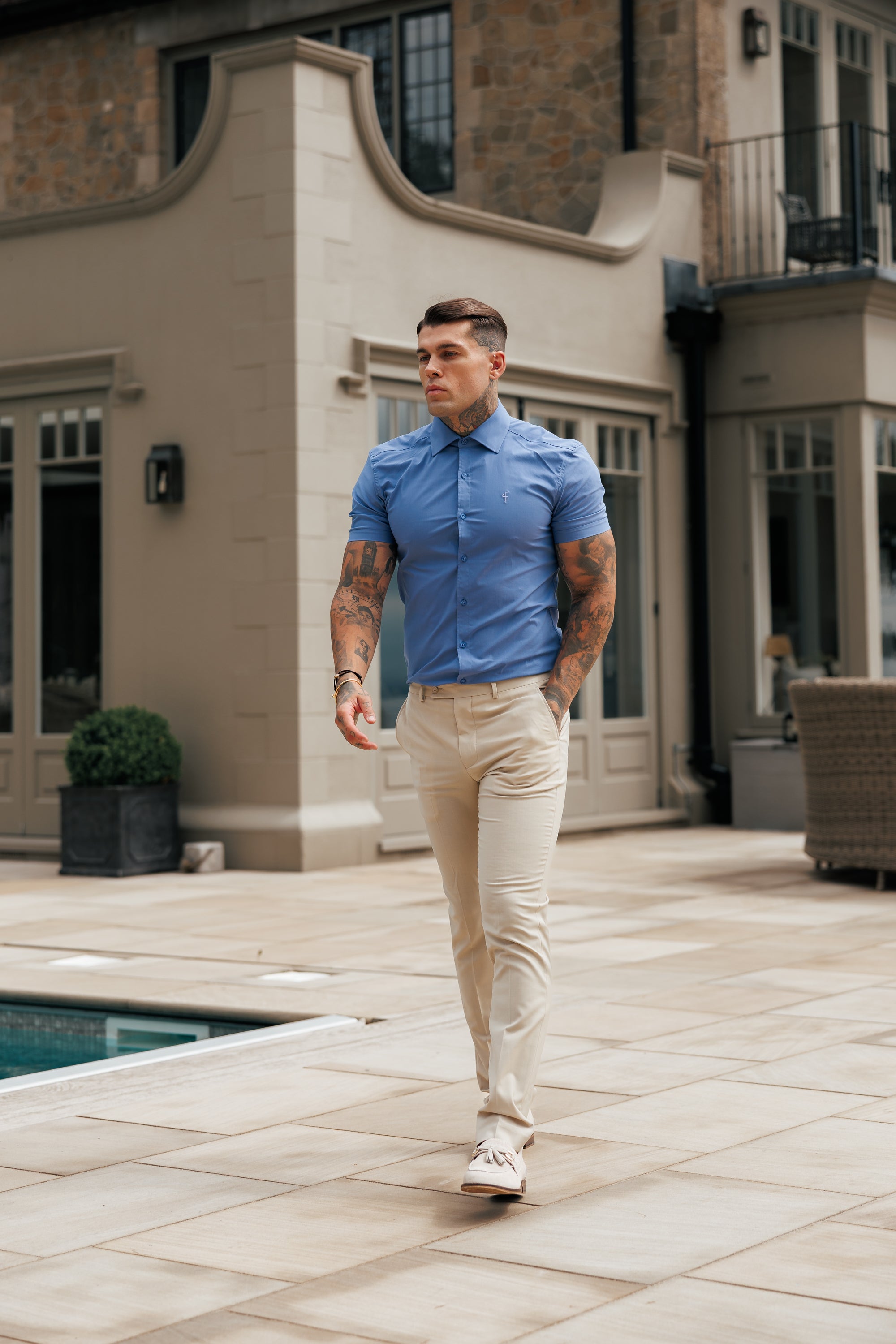 Muscle Fit Advanced Stretch Mid Blue Short Sleeve with Cutaway Collar - FS1203
