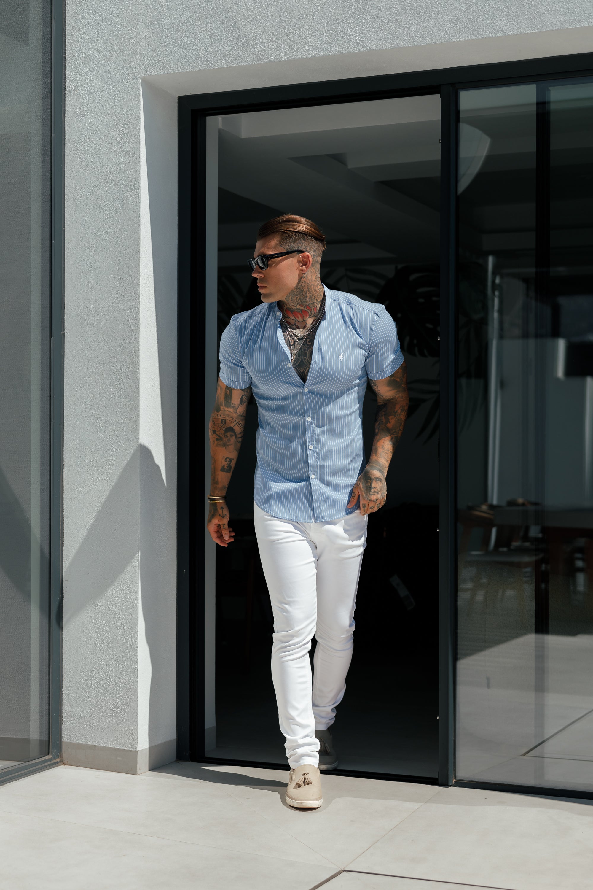 Super Slim Stretch Light Blue Printed Pinstripe Short Sleeve with Grandad Collar - FS1060