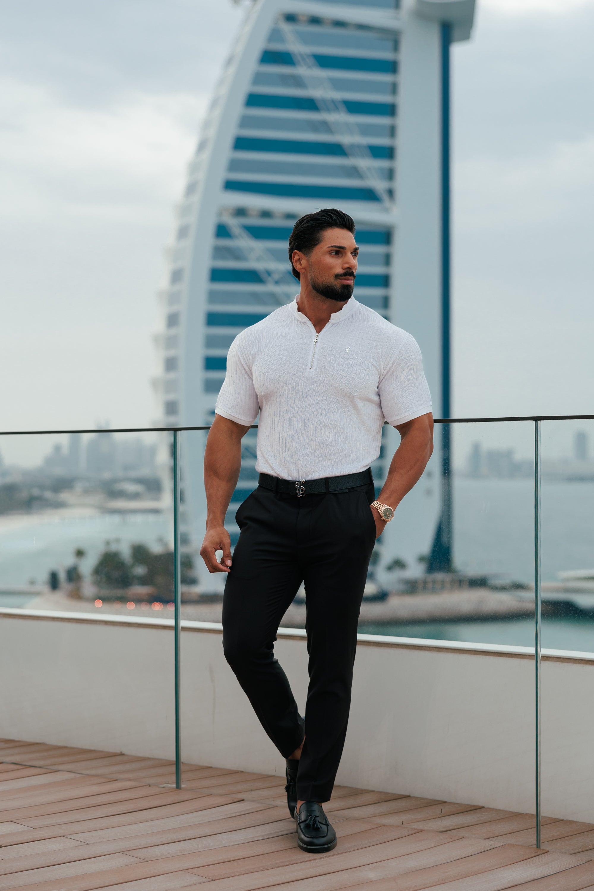 Classic White / Silver Ribbed Zip Grandad Collar Shirt Short Sleeve - FSH1447
