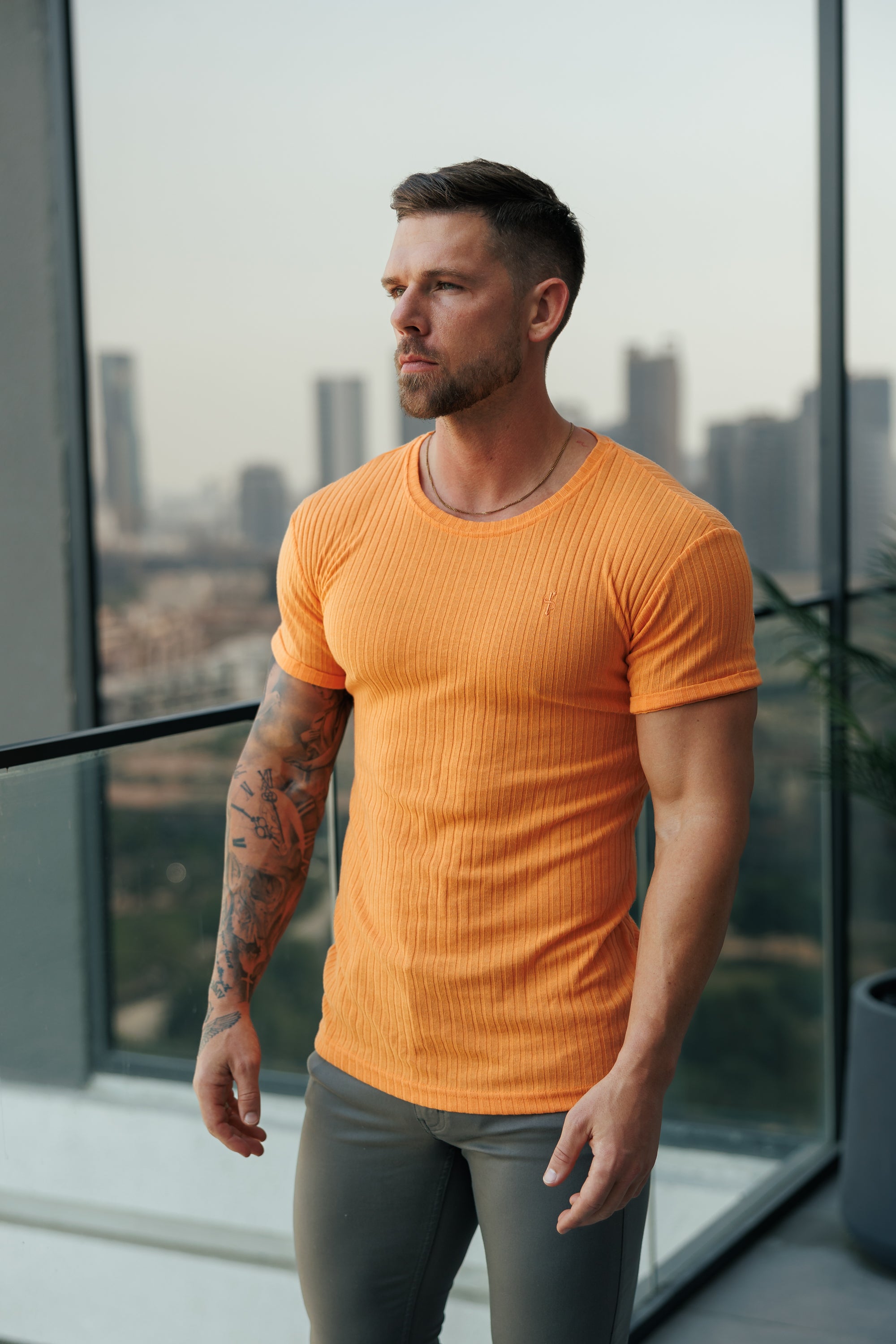 Classic Orange Ribbed Knit Super Slim Short Sleeve Crew - FSH1163