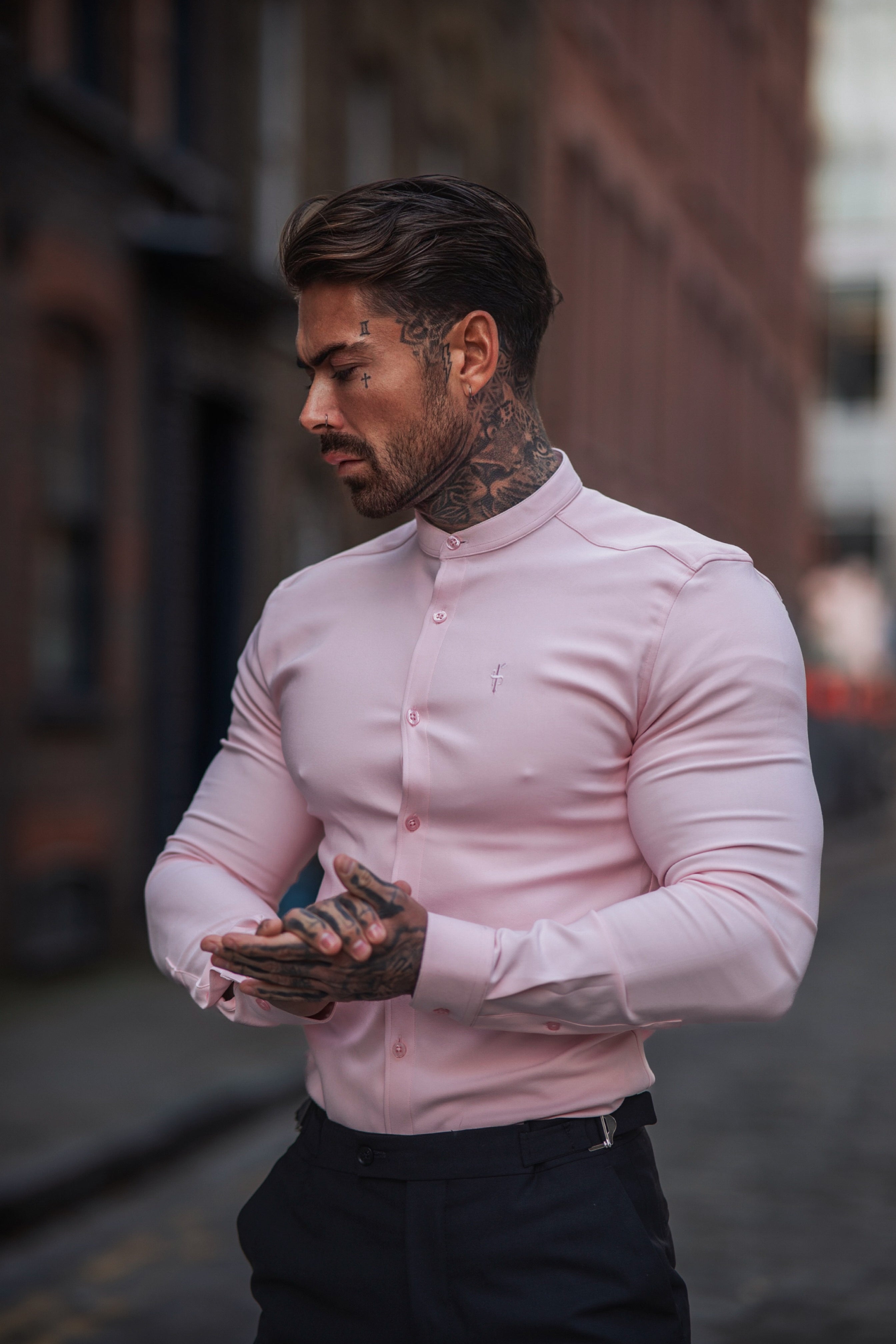 Super Slim Scuba Pink Long Sleeve Stretch With Grandad Collar - FS1004
