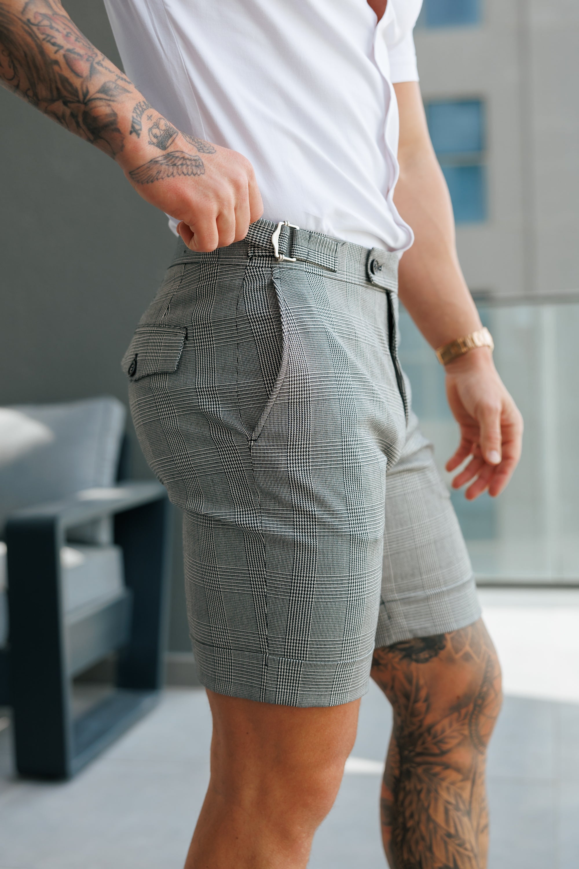 Tailored Prince of Wales Check Black / Ecru Shorts With Silver Side Adjusters- FSTS005