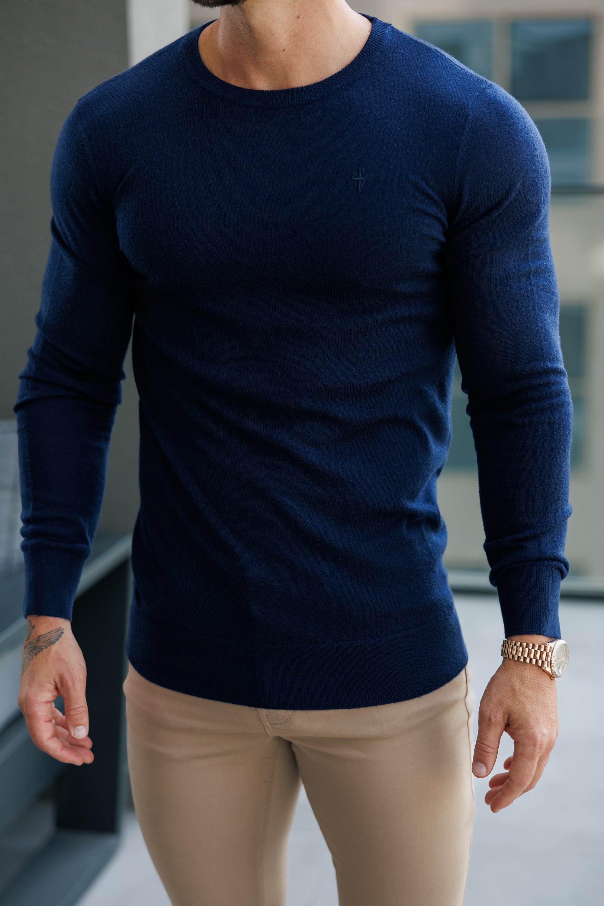 Merino Wool Knitted Crew Jumper Navy - FSN177