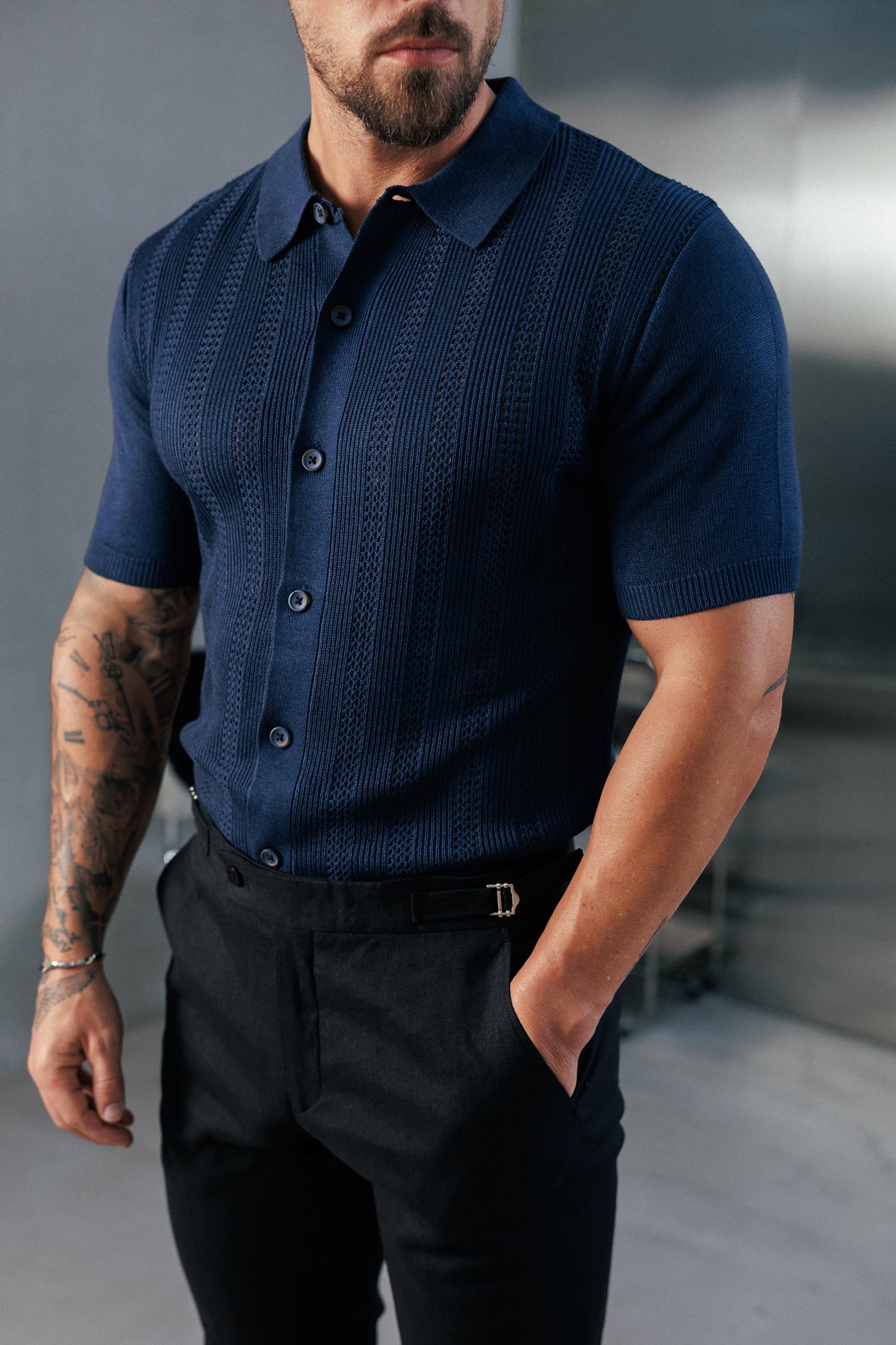 Navy Stripe Perforated Shirt Short Sleeve - FSA020