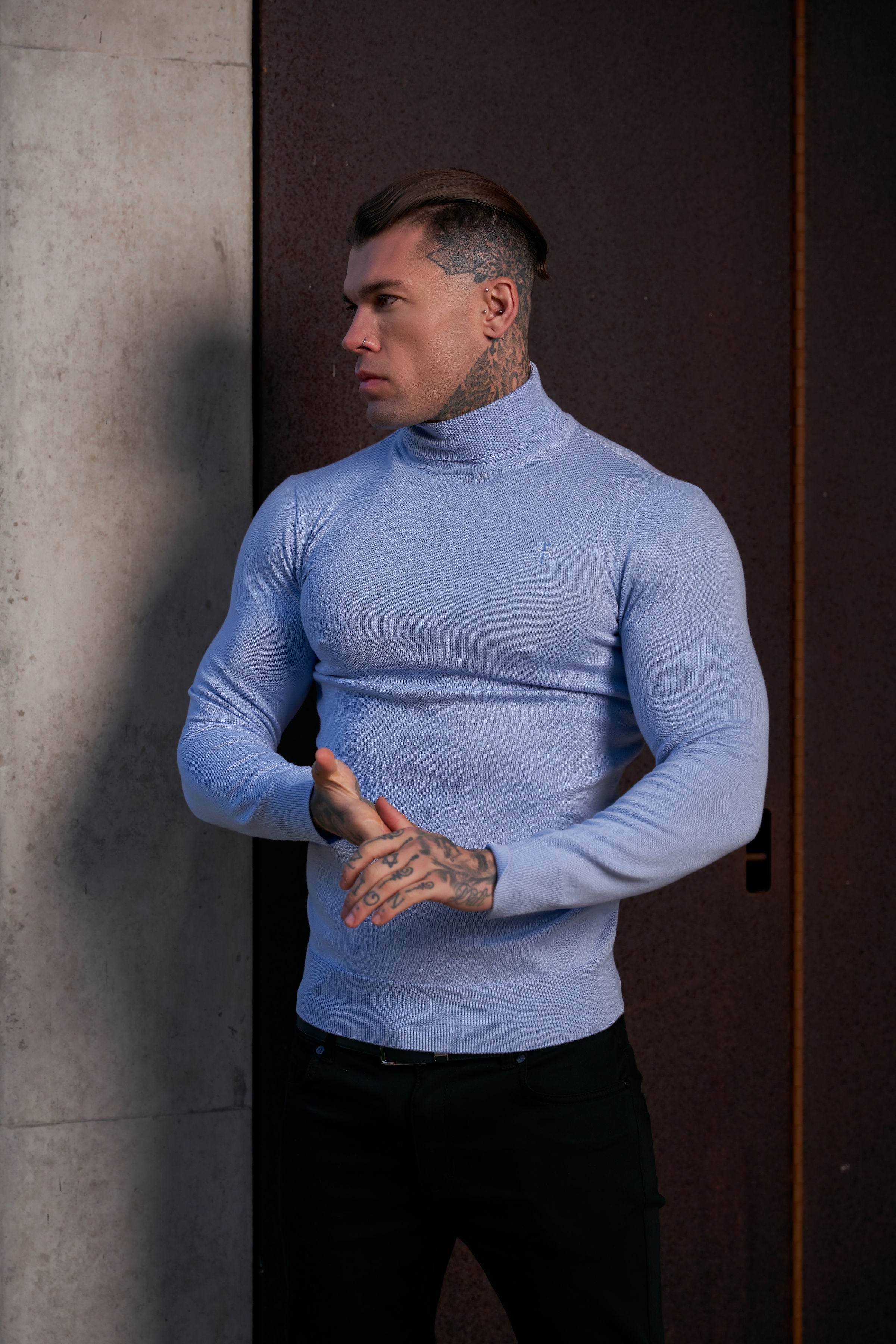 Classic Pale Blue Roll Neck Knitted Jumper With Tonal Emblem - FSN138