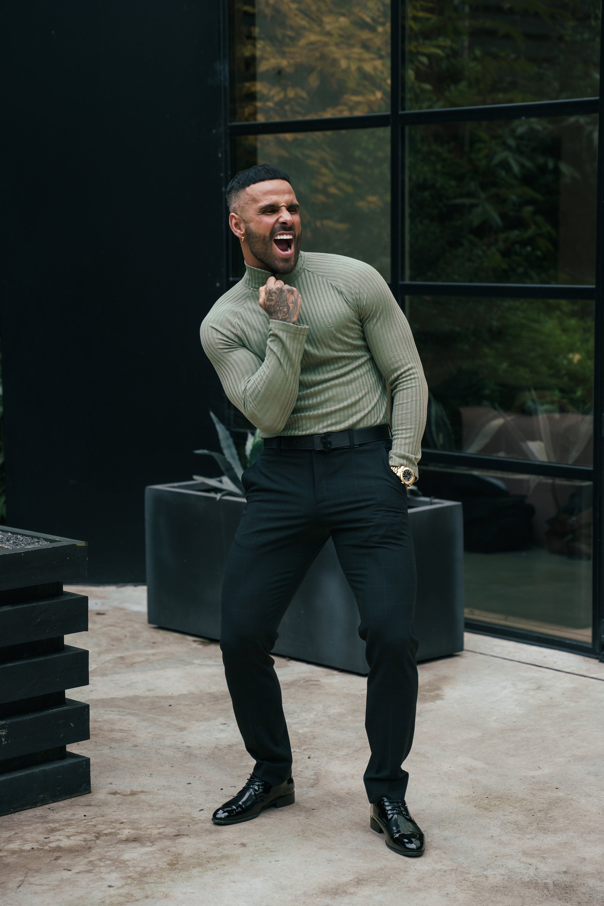 Classic Olive Ribbed Zip Funnel Neck Raglan Long Sleeve Crew - FSH1297