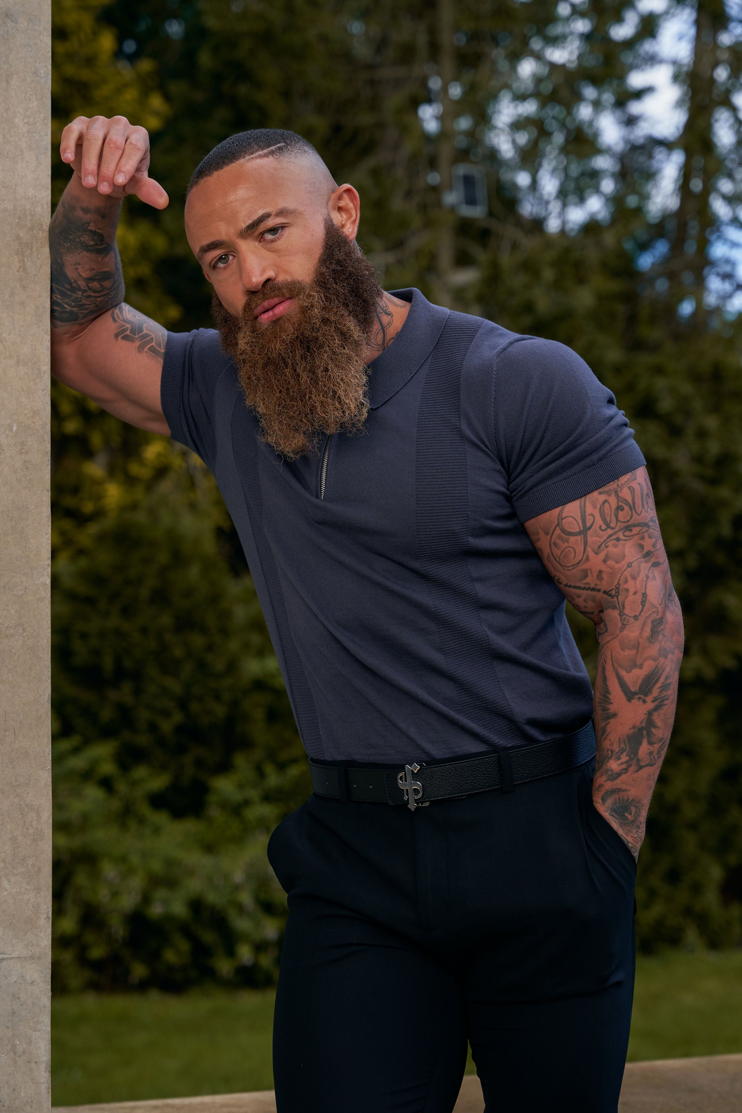 Classic Gunmetal and Silver Zip Knitted Polo Shirt Short Sleeve - FSN133