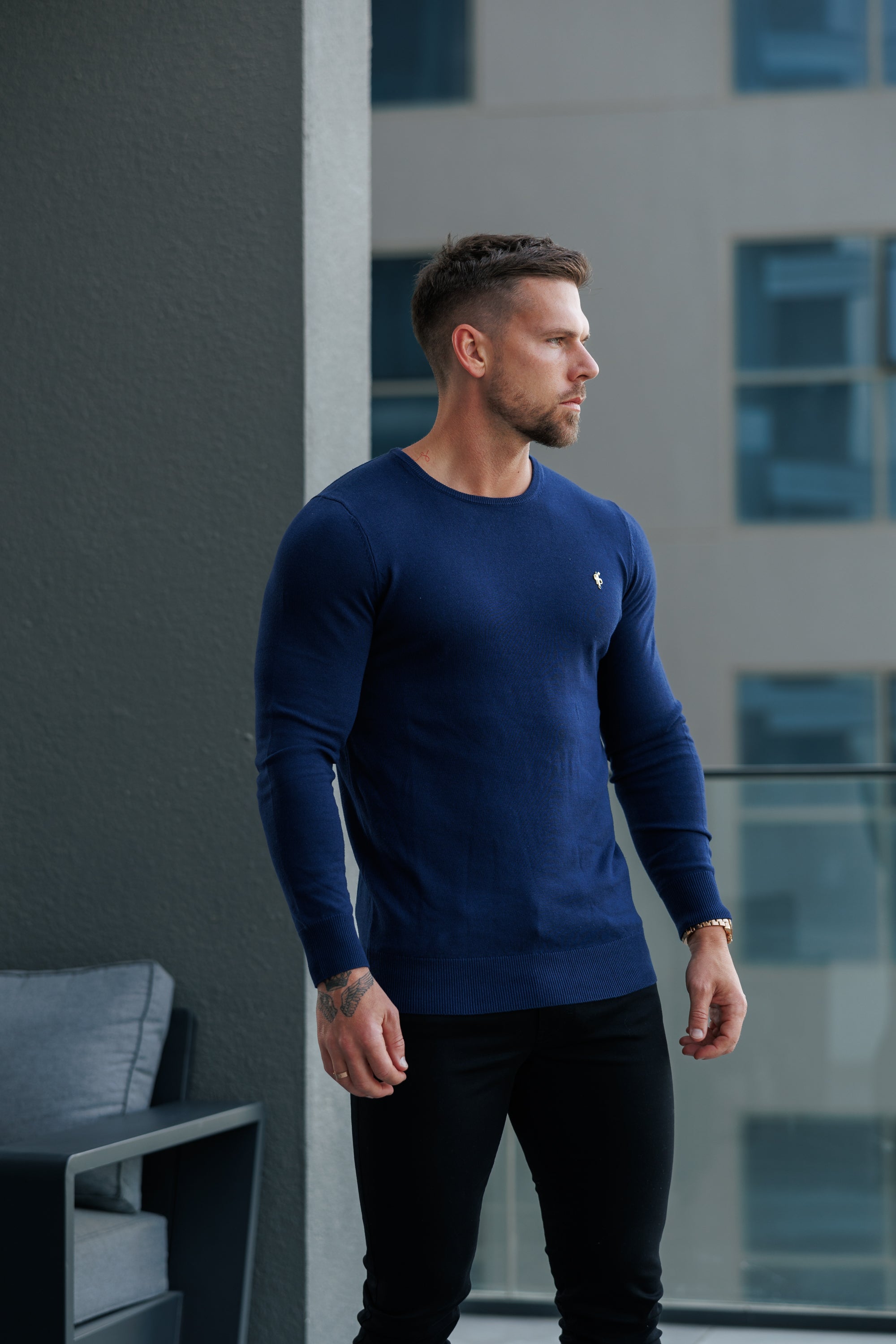 Navy Crew Neck Knitted Jumper With FS Branding - FSN197