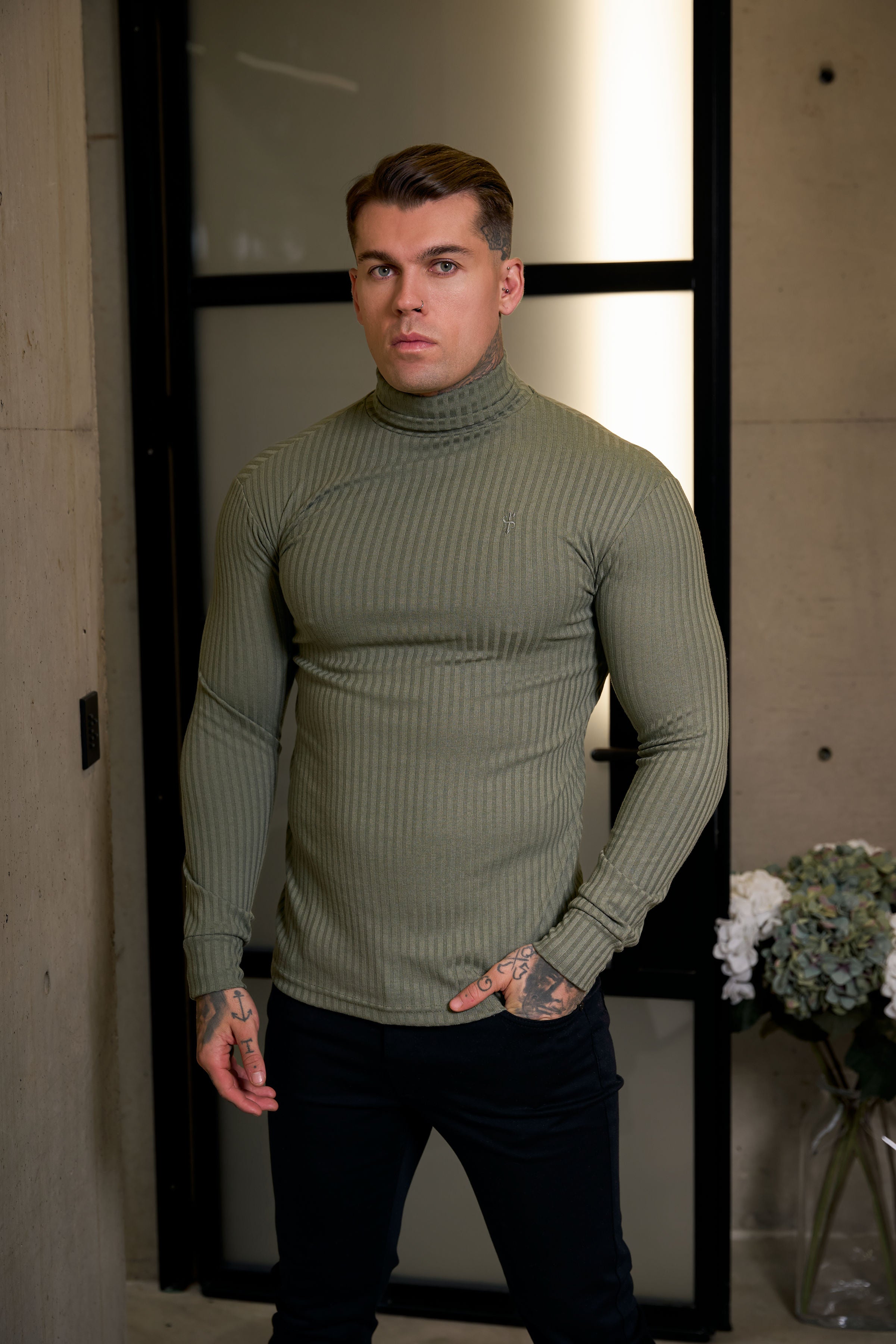 Classic Olive Ribbed Knit Roll-neck Jumper - FSH1300