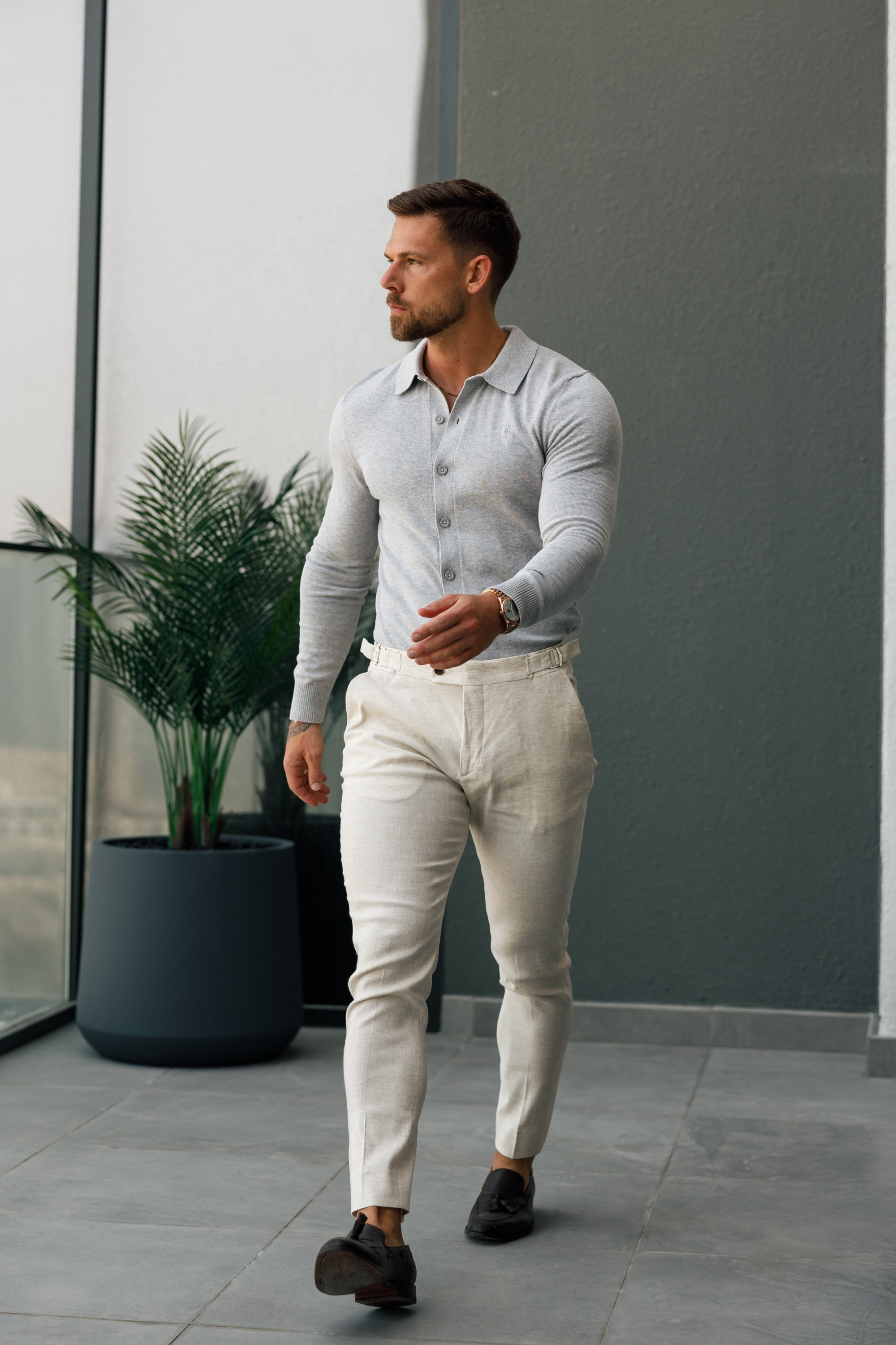 Classic Plain Light Grey Knitted Button Through Polo Long Sleeve - FSN167