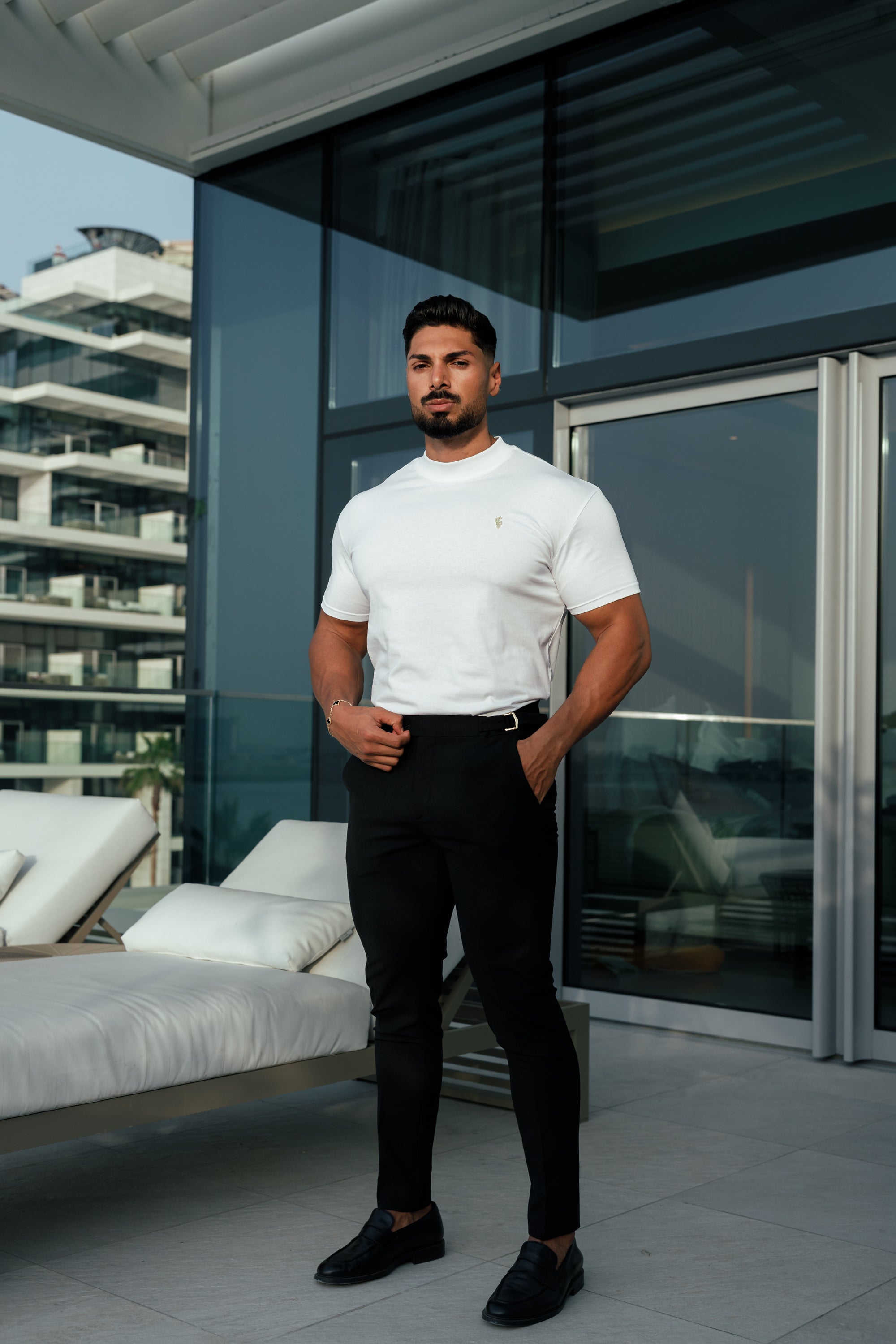 Ribbed High Neck Crew Short Sleeve White / Gold - FSH1006