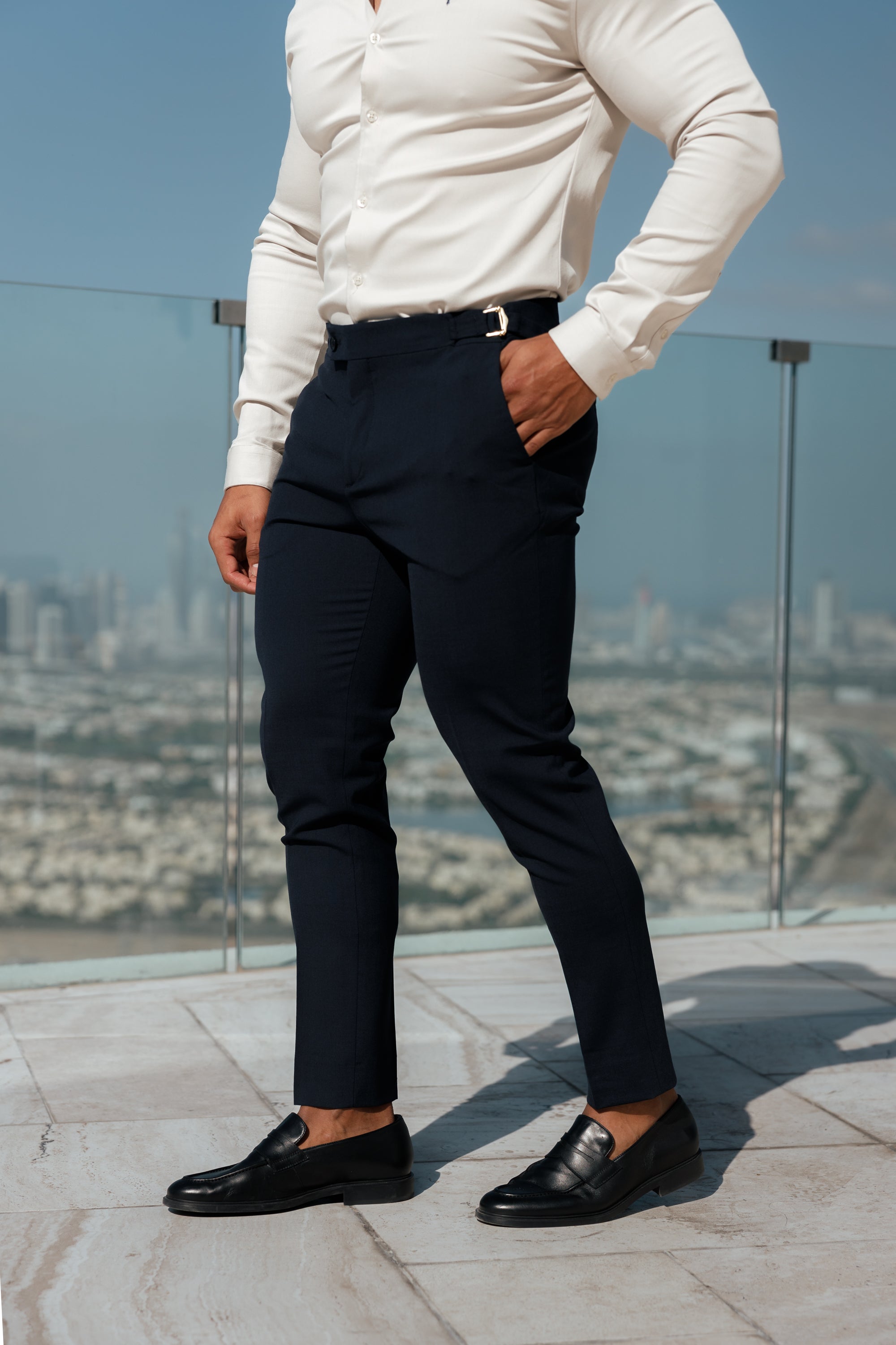 Slim Formal Navy Stretch Trousers With Gold Waist Adjusters - FST016