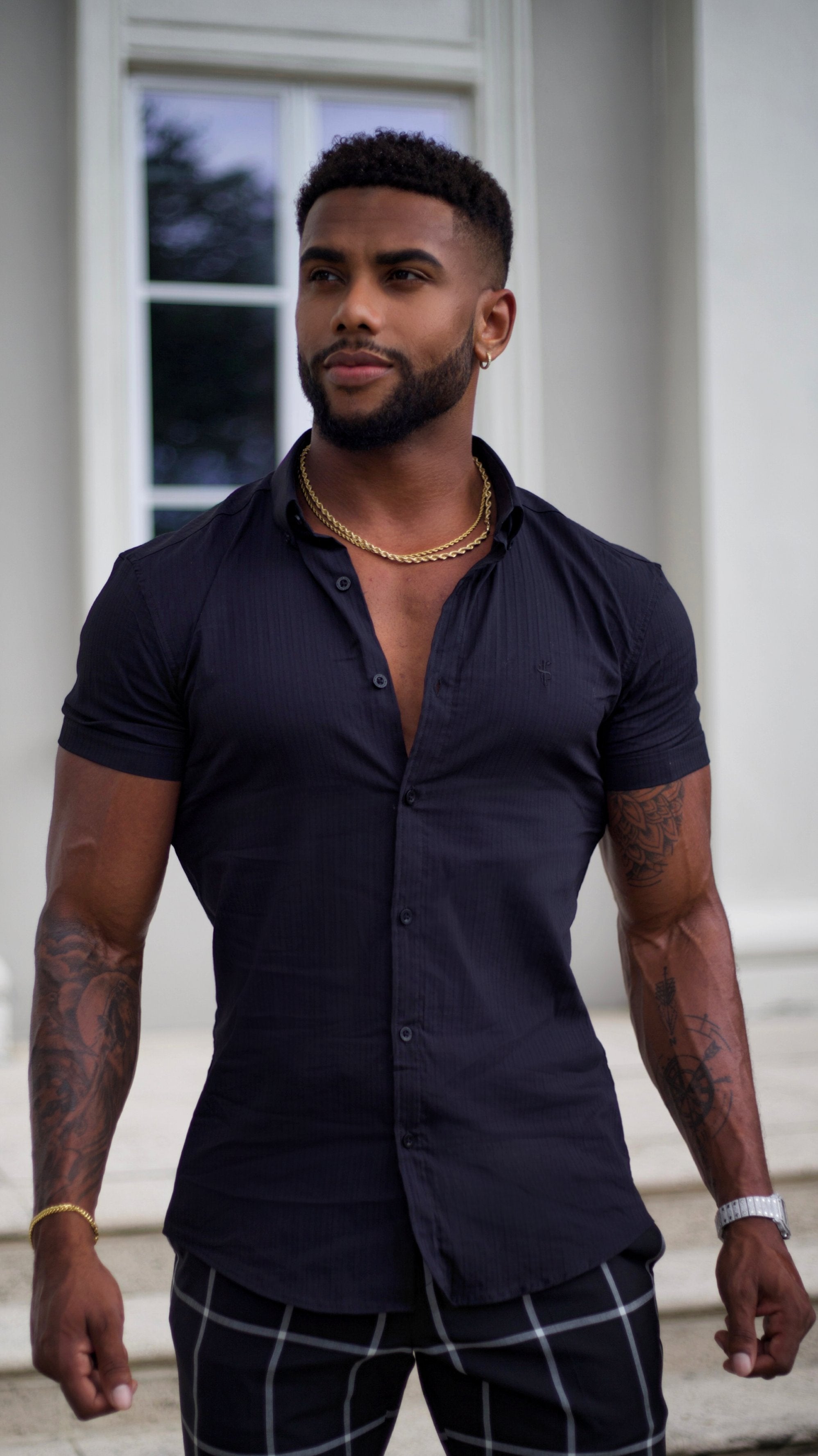 Super Slim Stretch Black Self Woven Stripe Short Sleeve with Button Down Collar - FS990