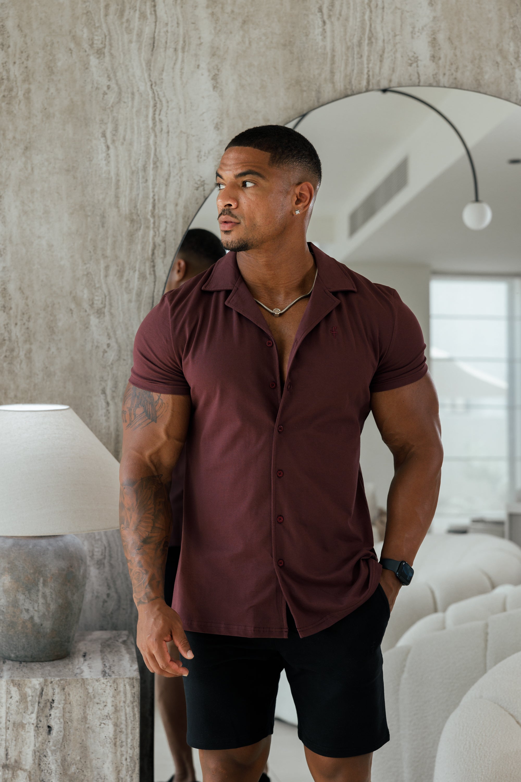 Stretch Burgundy Pique Revere Shirt Short Sleeve - FSH1079
