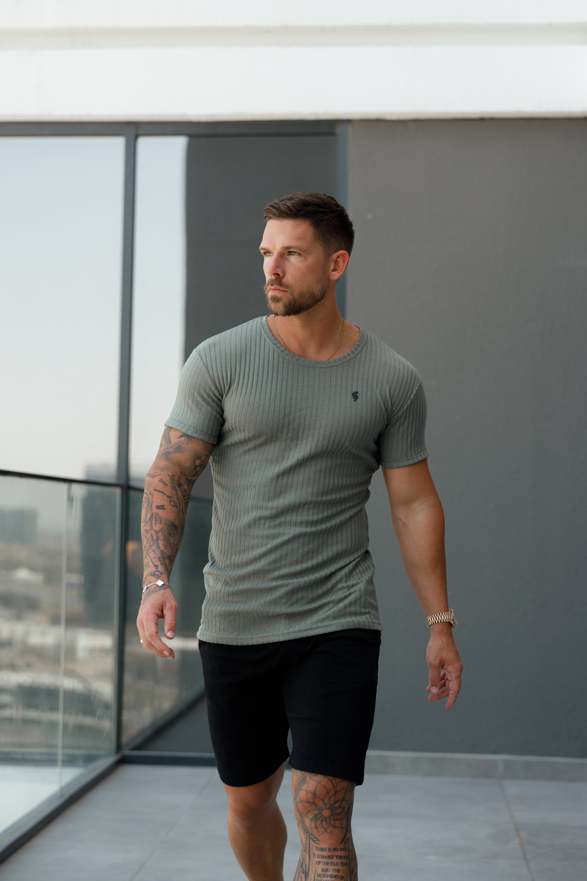Classic Olive / Black Ribbed Knit Super Slim Short Sleeve Crew - FSH1089