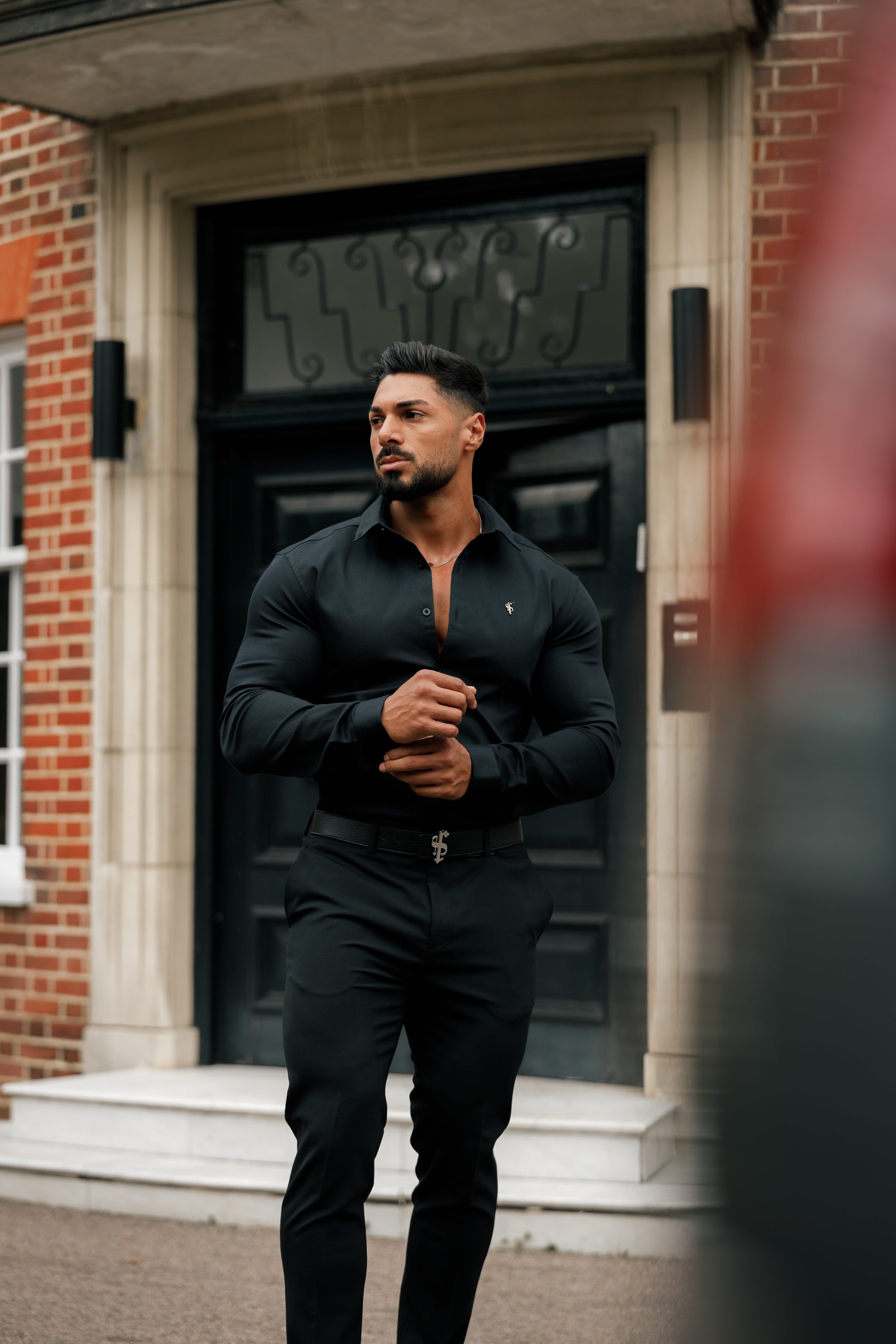 Super Slim Stretch Black Denim Long Sleeve with Metal Decal Emblem - FS642